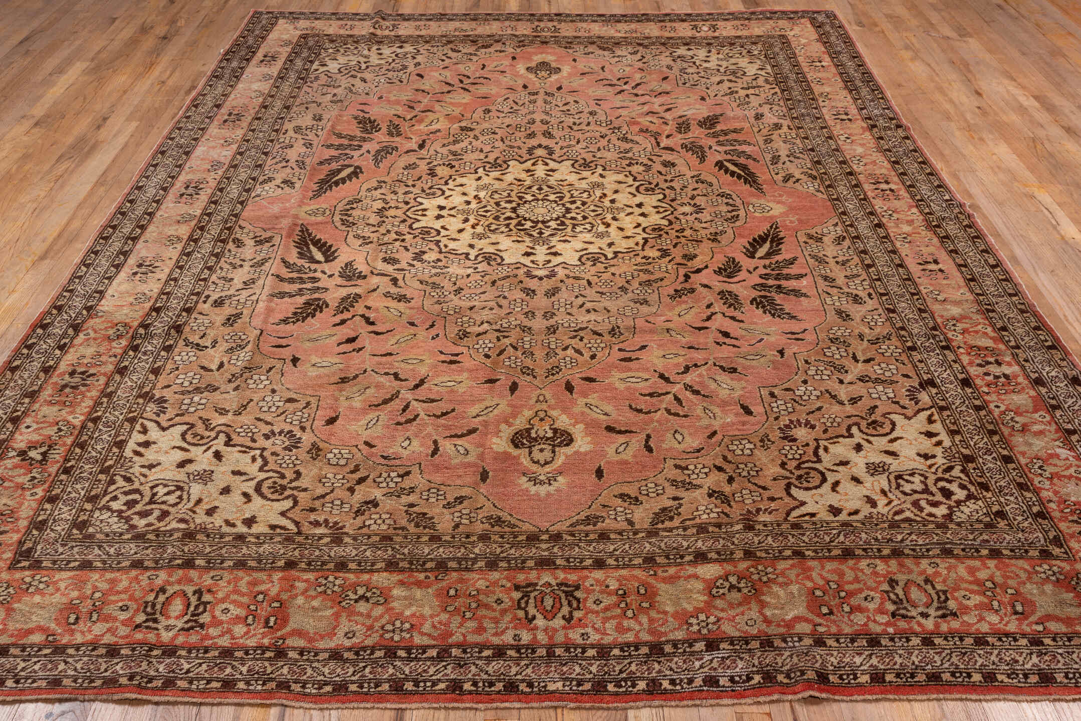 8' x 11' one-of-a-kind handmade vintage Oushak large size rug. Color palette: rose, taupe, brown, ivory, coral, blush, pink