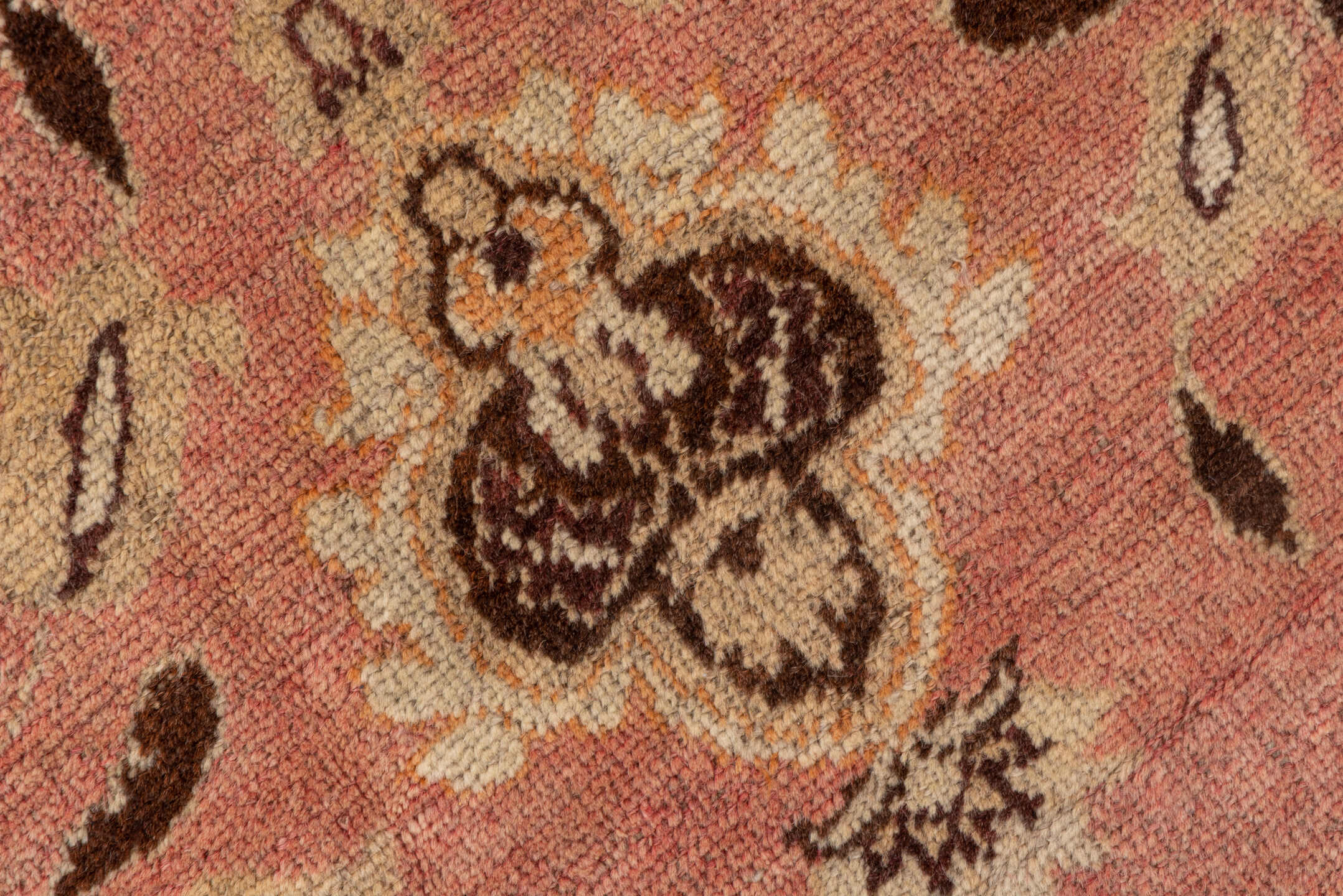 8' x 11' one-of-a-kind handmade vintage Oushak large size rug. Color palette: rose, taupe, brown, ivory, coral, blush, pink