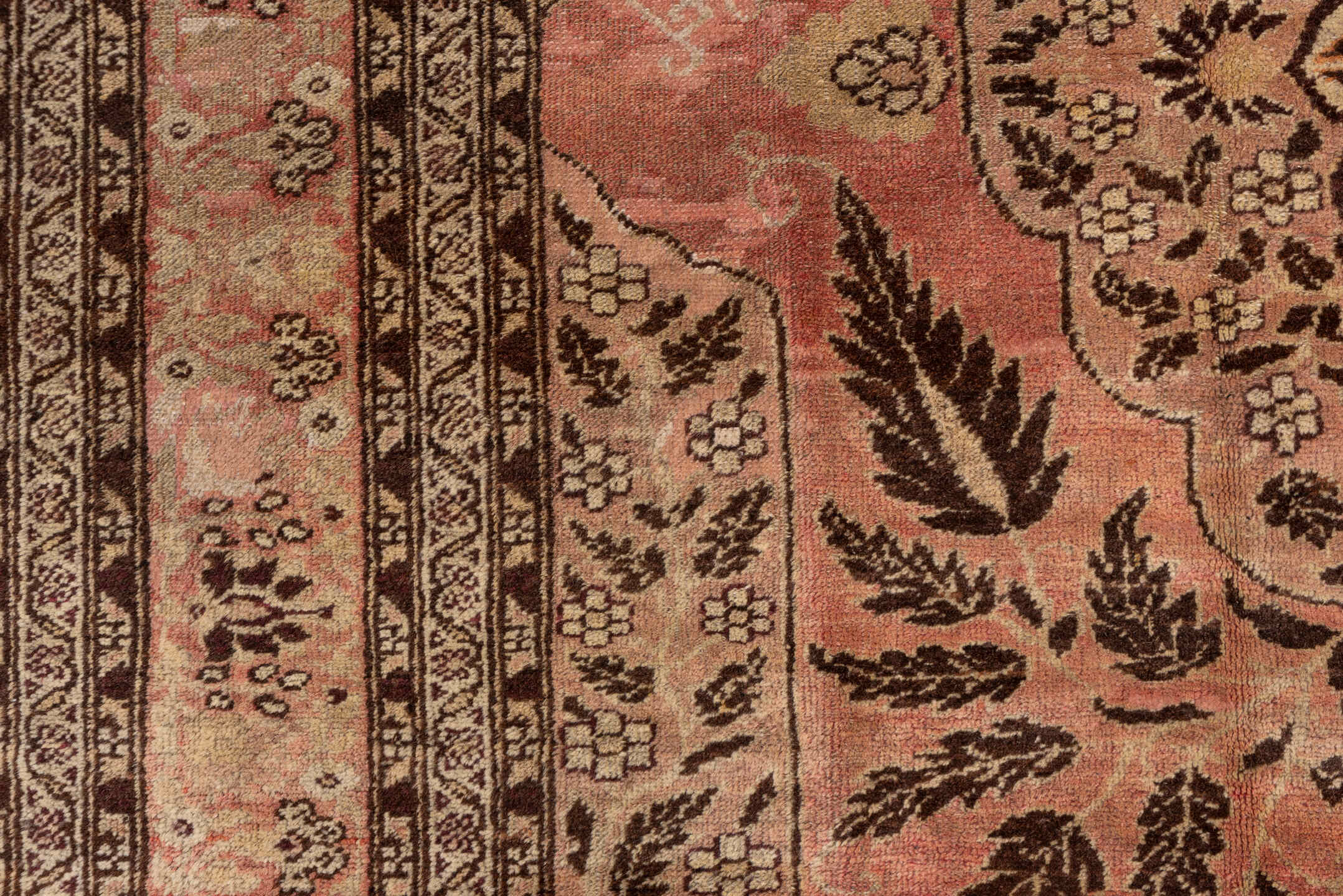 8' x 11' one-of-a-kind handmade vintage Oushak large size rug. Color palette: rose, taupe, brown, ivory, coral, blush, pink