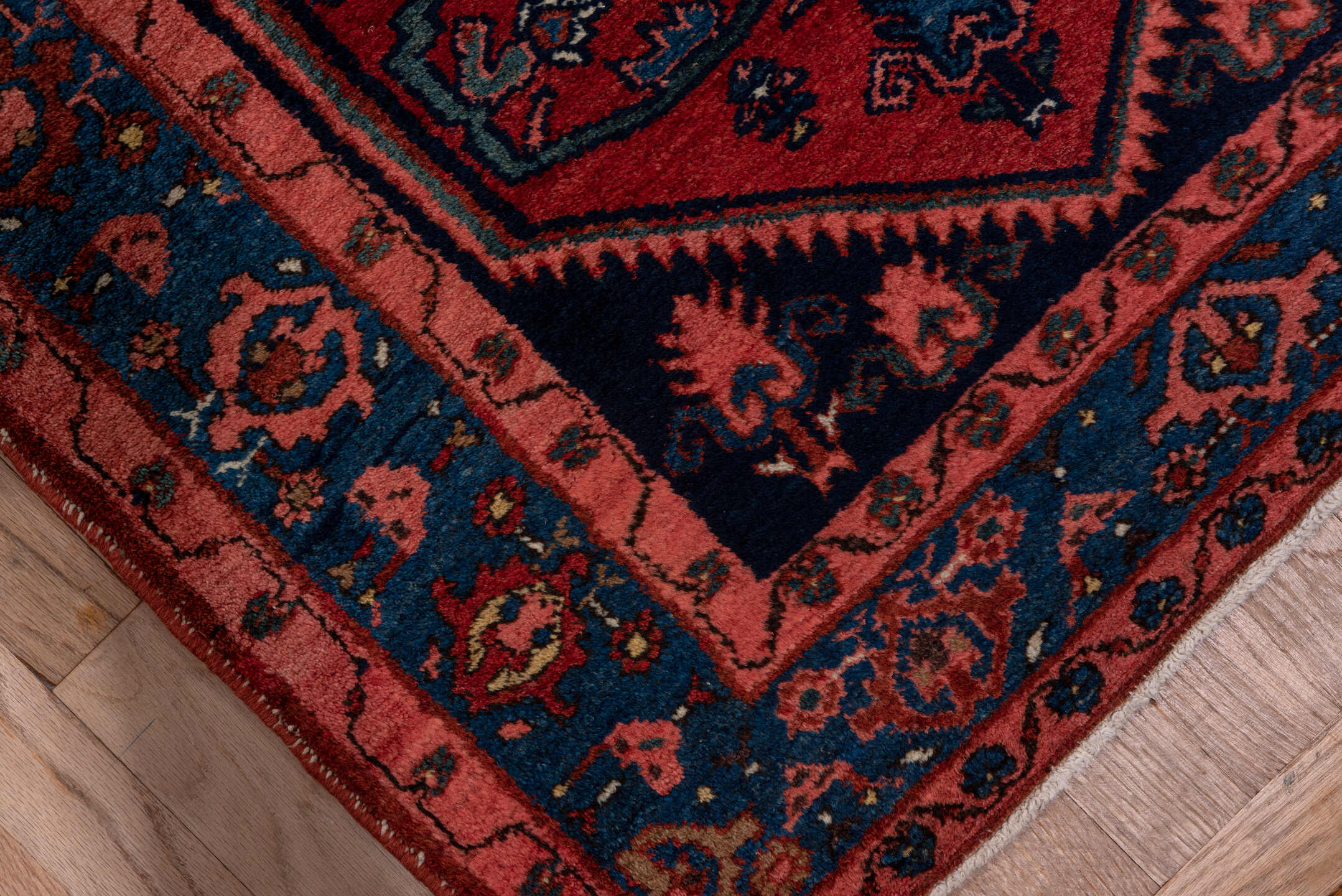2' x 16' one-of-a-kind handmade vintage Malayer runner rug. Color palette: rust, navy, crimson, indigo, coral, ivory