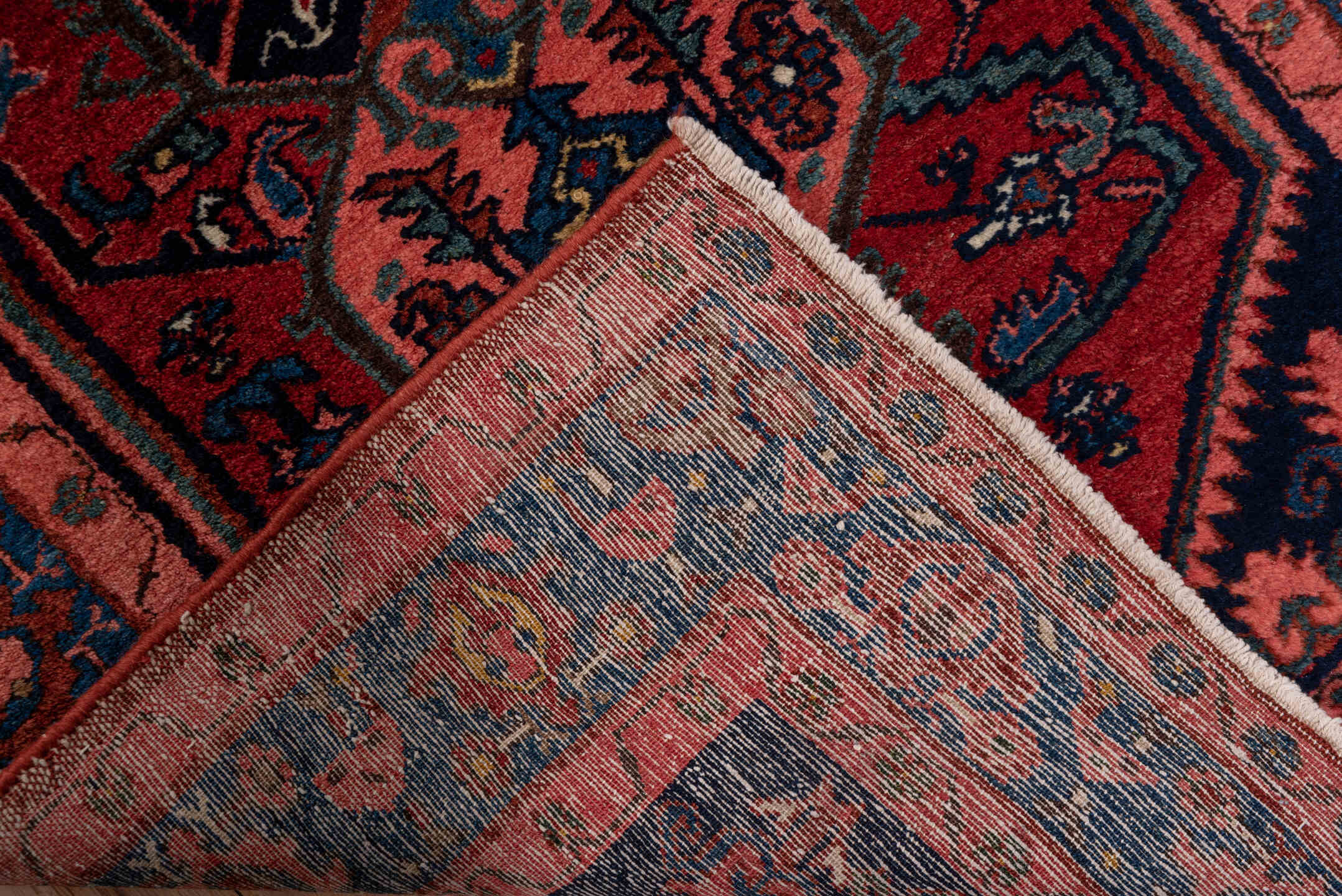 2' x 16' one-of-a-kind handmade vintage Malayer runner rug. Color palette: rust, navy, crimson, indigo, coral, ivory