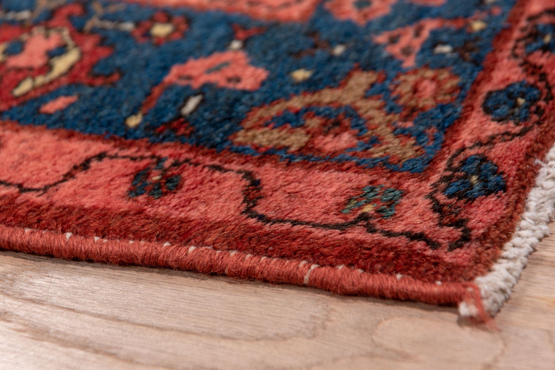 2' x 16' one-of-a-kind handmade vintage Malayer runner rug. Color palette: rust, navy, crimson, indigo, coral, ivory