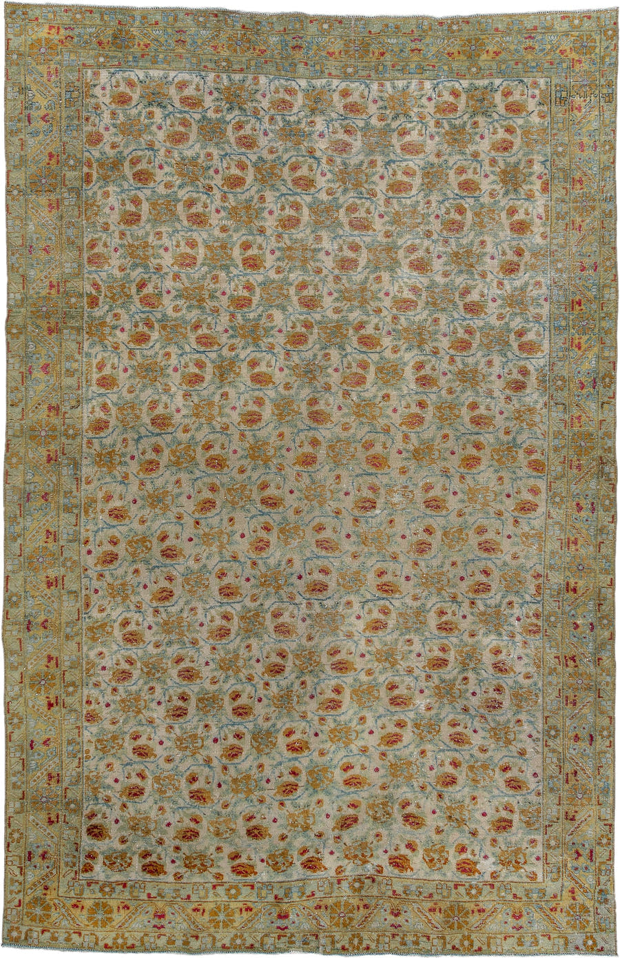 5' x 8' one-of-a-kind handmade vintage Afshar medium size rug. Color palette: ivory, gold, sky_blue, rose, taupe, saffron