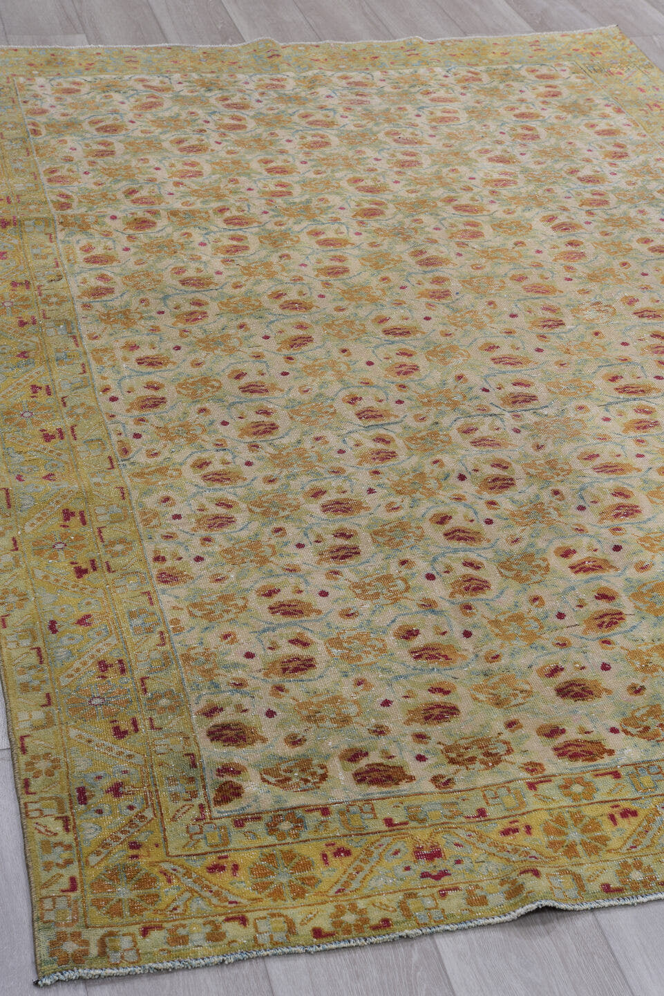 5' x 8' one-of-a-kind handmade vintage Afshar medium size rug. Color palette: ivory, gold, sky_blue, rose, taupe, saffron