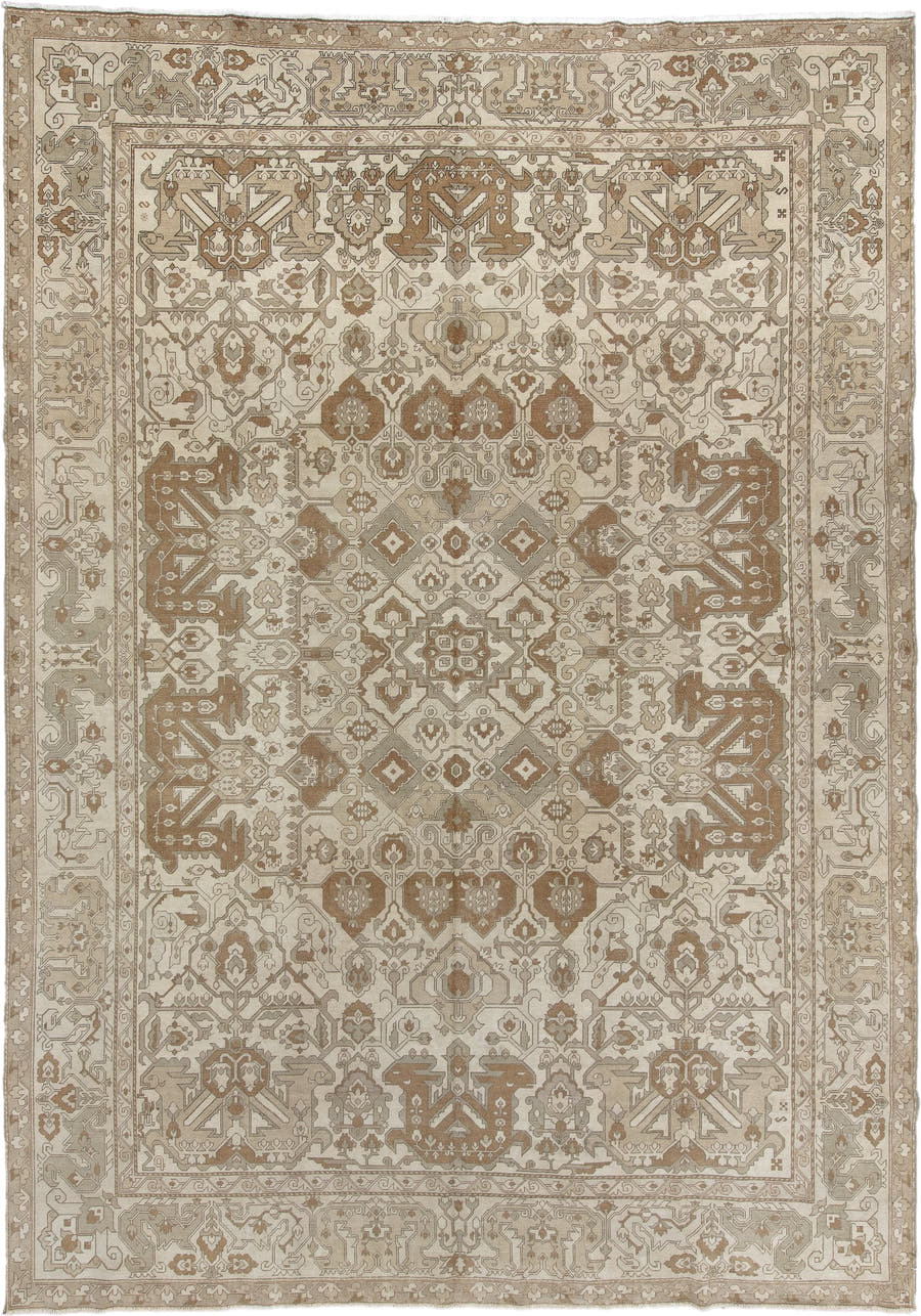 8' x 12' one-of-a-kind handmade antique Derband large size rug. Color palette: ivory, taupe, camel, beige, sand, light brown