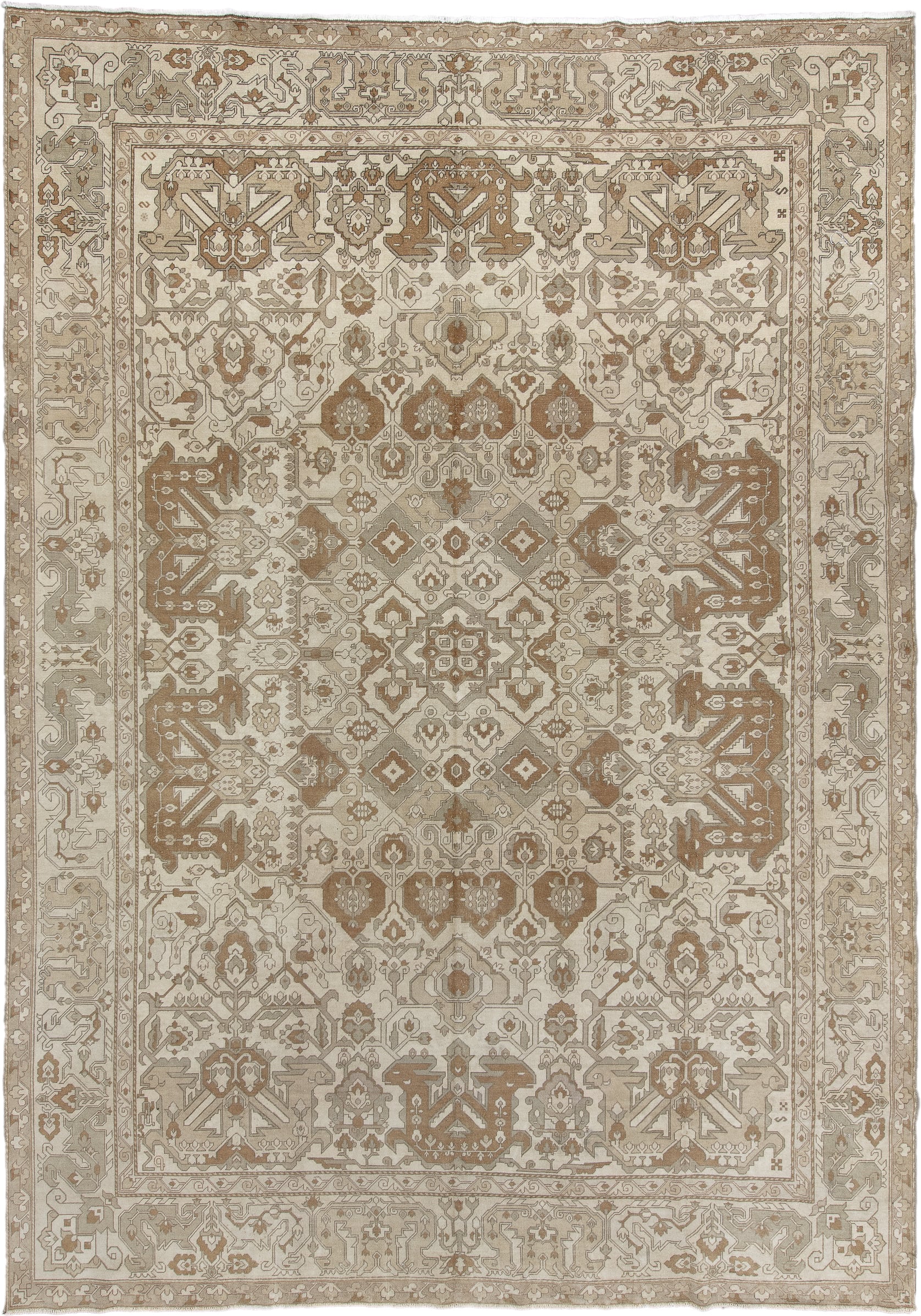 8' x 12' one-of-a-kind handmade antique Derband large size rug. Color palette: ivory, taupe, camel, beige, sand, light brown