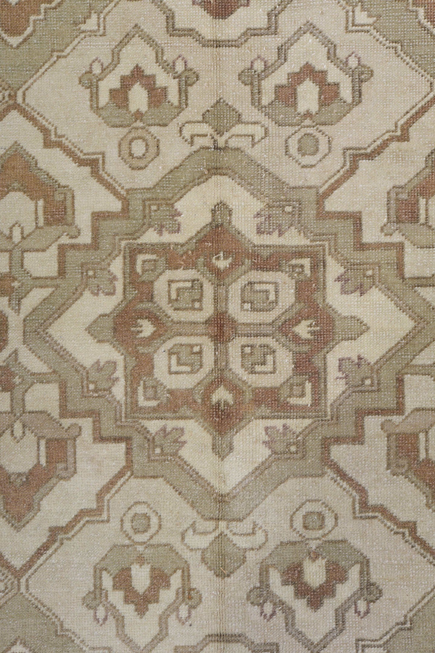 8' x 12' one-of-a-kind handmade antique Derband large size rug. Color palette: ivory, taupe, camel, beige, sand, light brown
