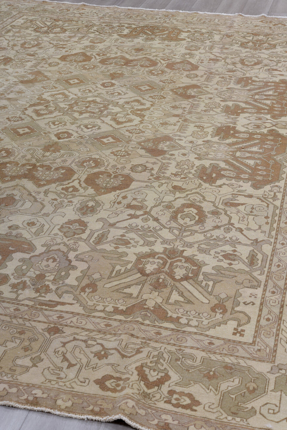 8' x 12' one-of-a-kind handmade antique Derband large size rug. Color palette: ivory, taupe, camel, beige, sand, light brown