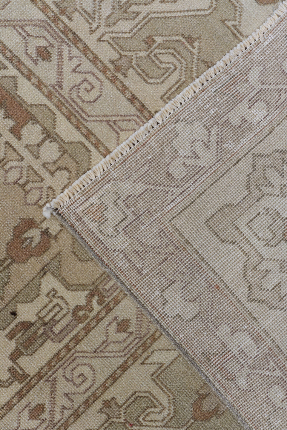 8' x 12' one-of-a-kind handmade antique Derband large size rug. Color palette: ivory, taupe, camel, beige, sand, light brown