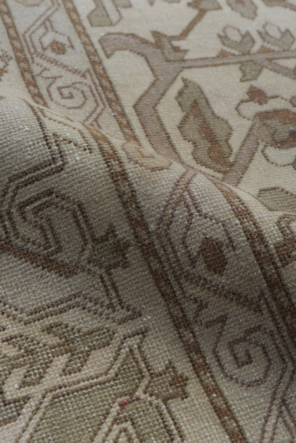 8' x 12' one-of-a-kind handmade antique Derband large size rug. Color palette: ivory, taupe, camel, beige, sand, light brown