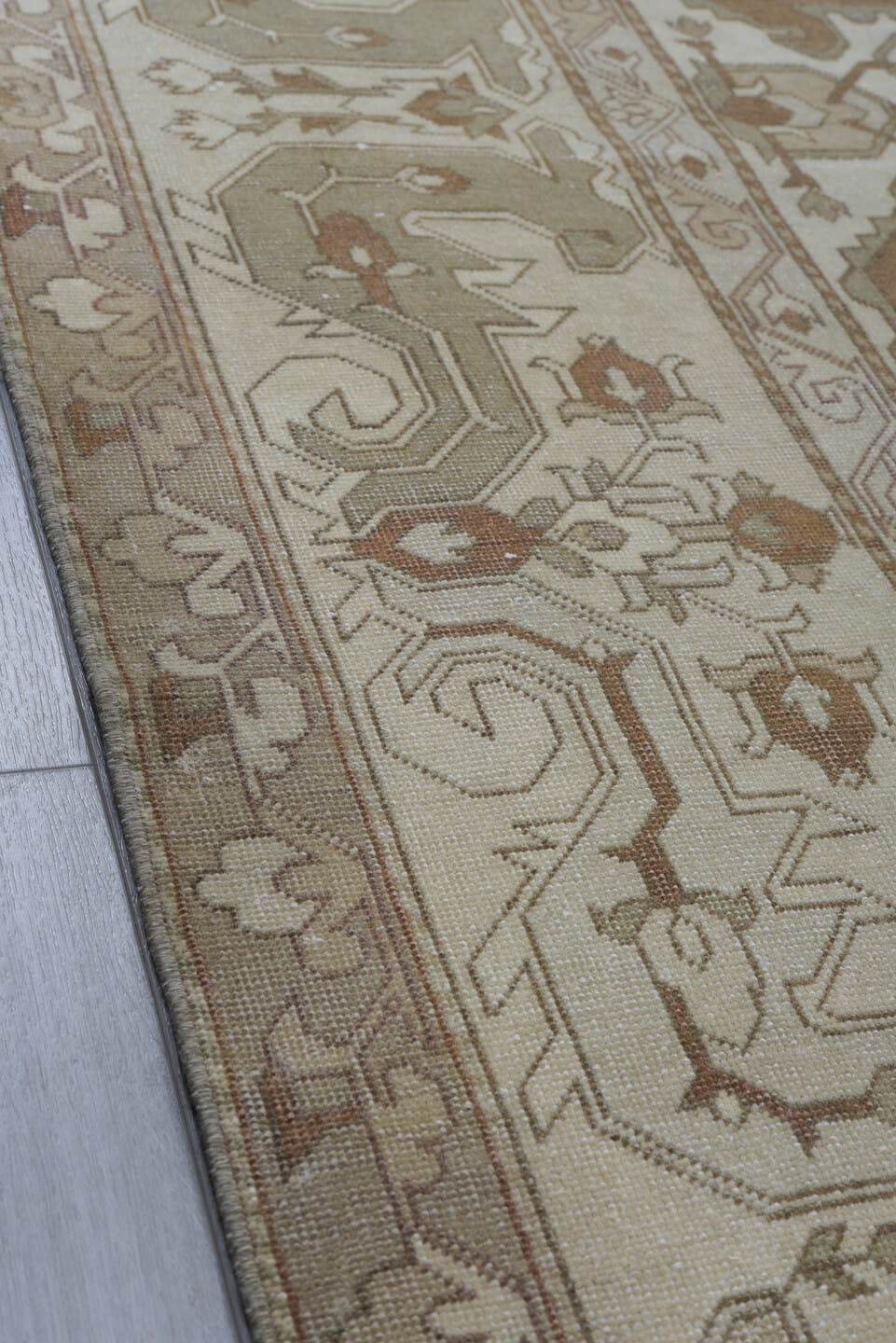 8' x 12' one-of-a-kind handmade antique Derband large size rug. Color palette: ivory, taupe, camel, beige, sand, light brown