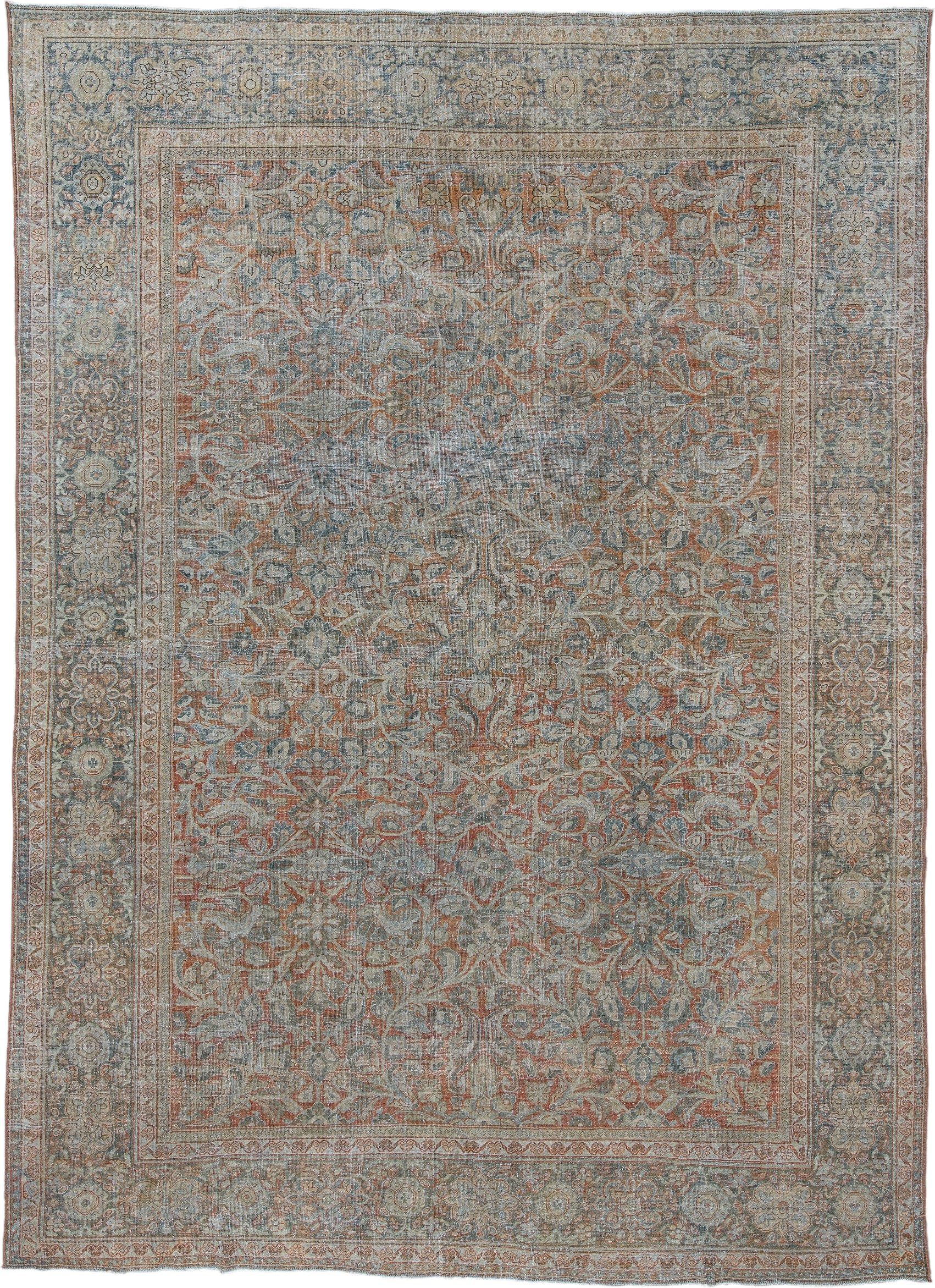 9' x 12' one-of-a-kind handmade antique Mahal large size rug. Color palette: blue, ivory, rust, taupe, sage, camel
