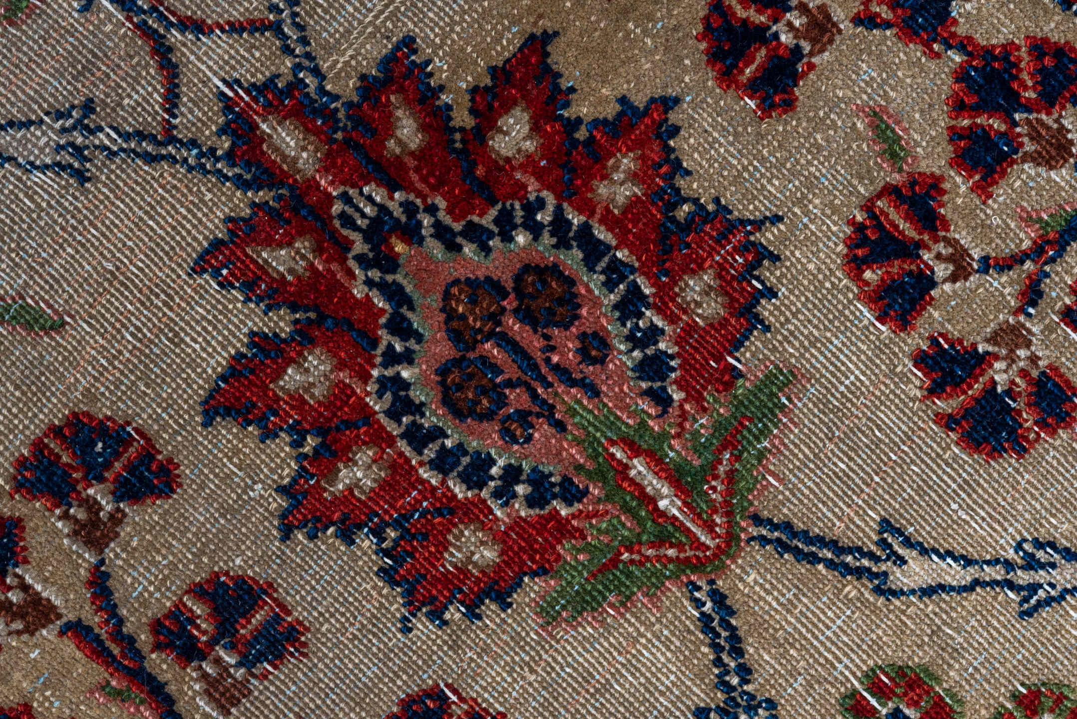 7' x 10' one-of-a-kind handmade vintage Kazvin large size rug. Color palette: ivory, navy, rust, sky blue, burgundy, camel