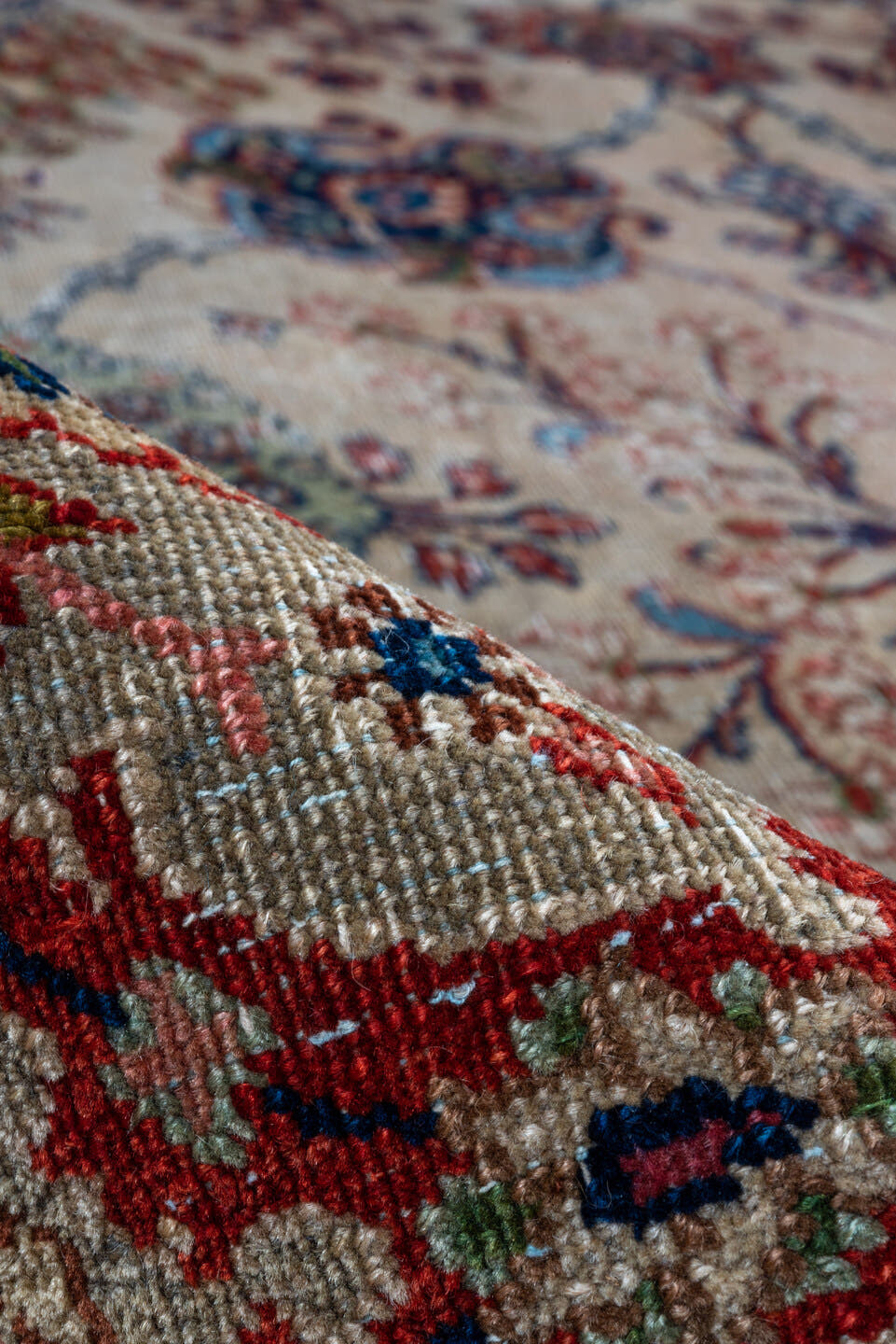 7' x 10' one-of-a-kind handmade vintage Kazvin large size rug. Color palette: ivory, navy, rust, sky blue, burgundy, camel
