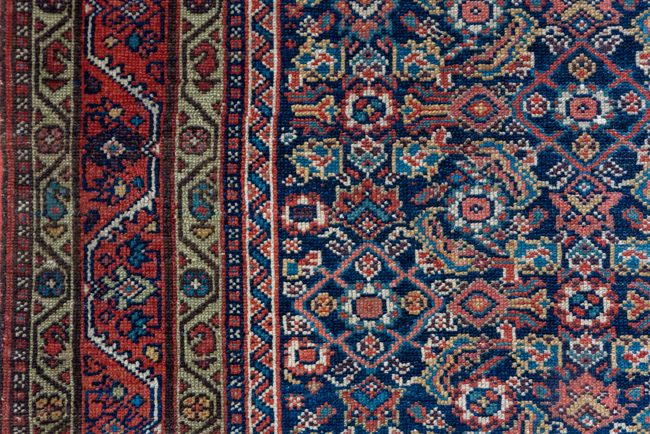 4' x 6' one-of-a-kind handmade antique Malayer small size rug. Color palette: navy, rust, ivory, camel, rose, slate, blue