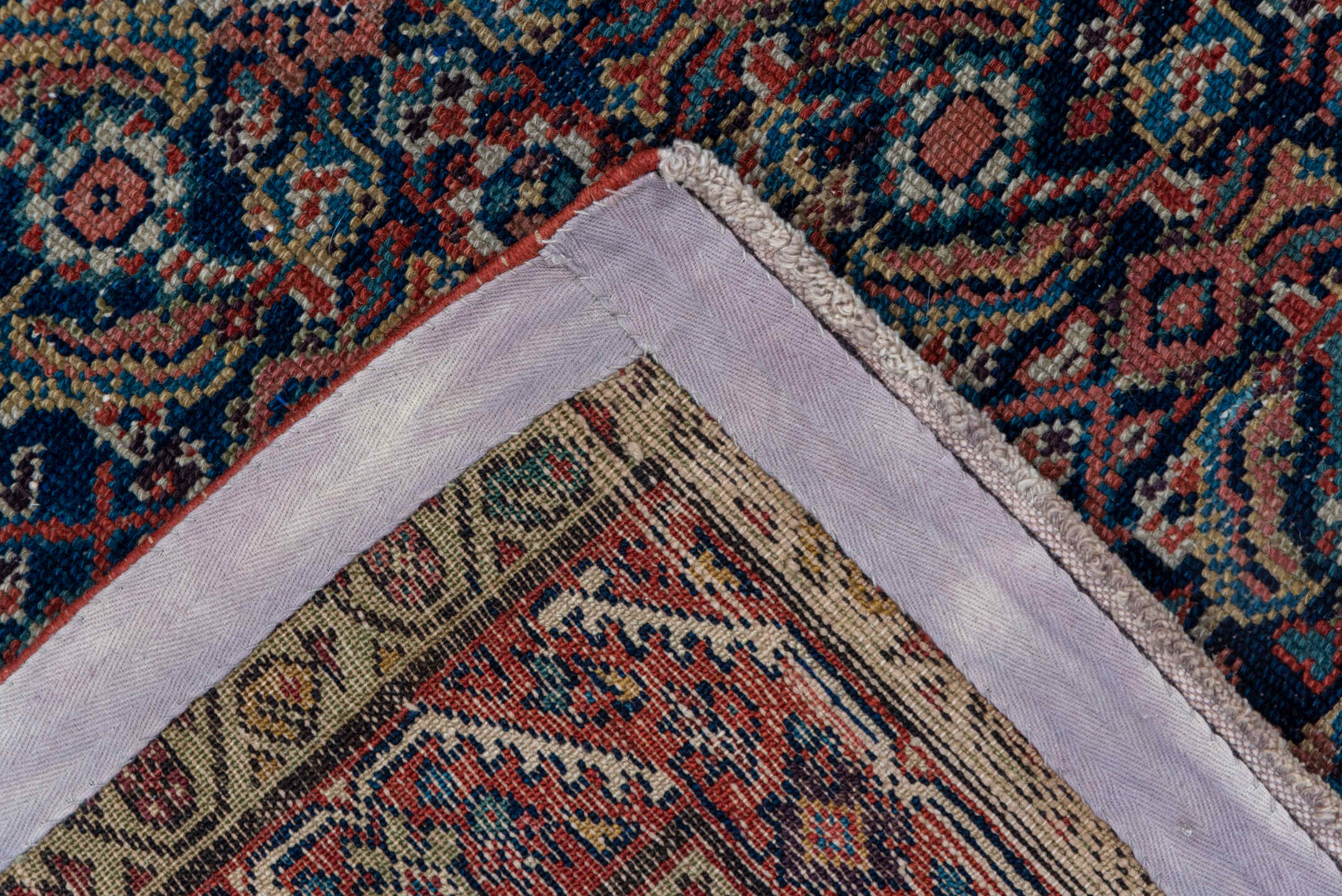 4' x 6' one-of-a-kind handmade antique Malayer small size rug. Color palette: navy, rust, ivory, camel, rose, slate, blue