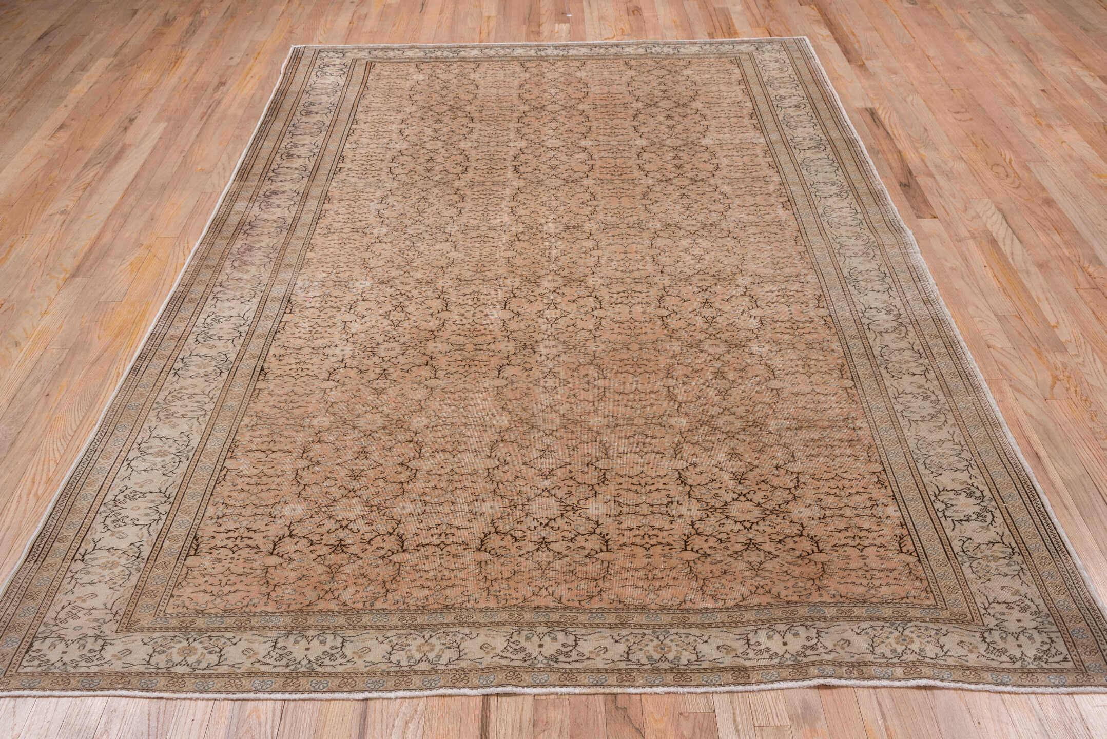 6' x 9' one-of-a-kind handmade vintage Kaisary medium size rug. Color palette: taupe, ivory, brown, beige, camel, charcoal