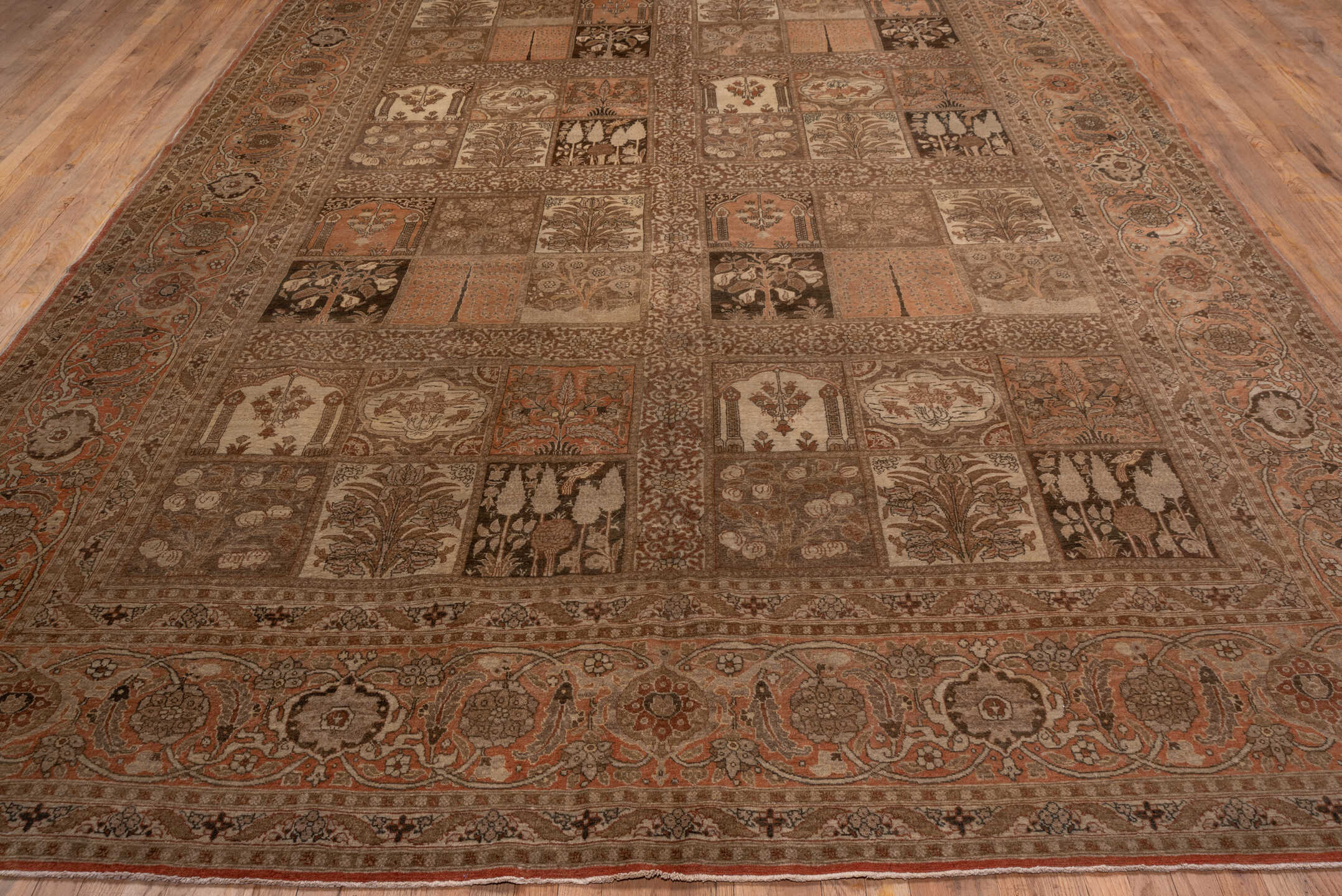 9' x 13' one-of-a-kind handmade antique Tabriz large size rug. Color palette: taupe, rose, ivory, brown, camel, terra cotta