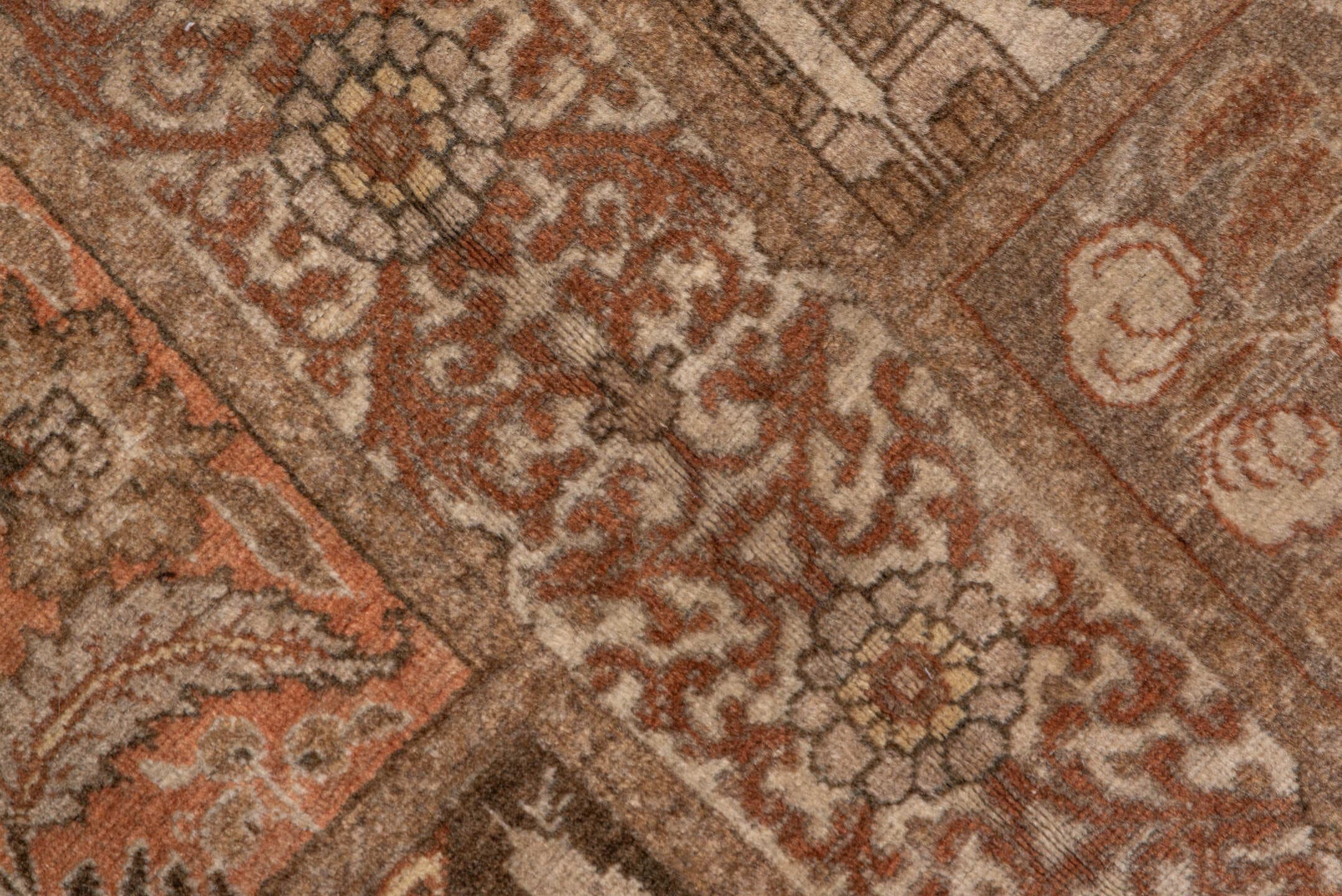 9' x 13' one-of-a-kind handmade antique Tabriz large size rug. Color palette: taupe, rose, ivory, brown, camel, terra cotta