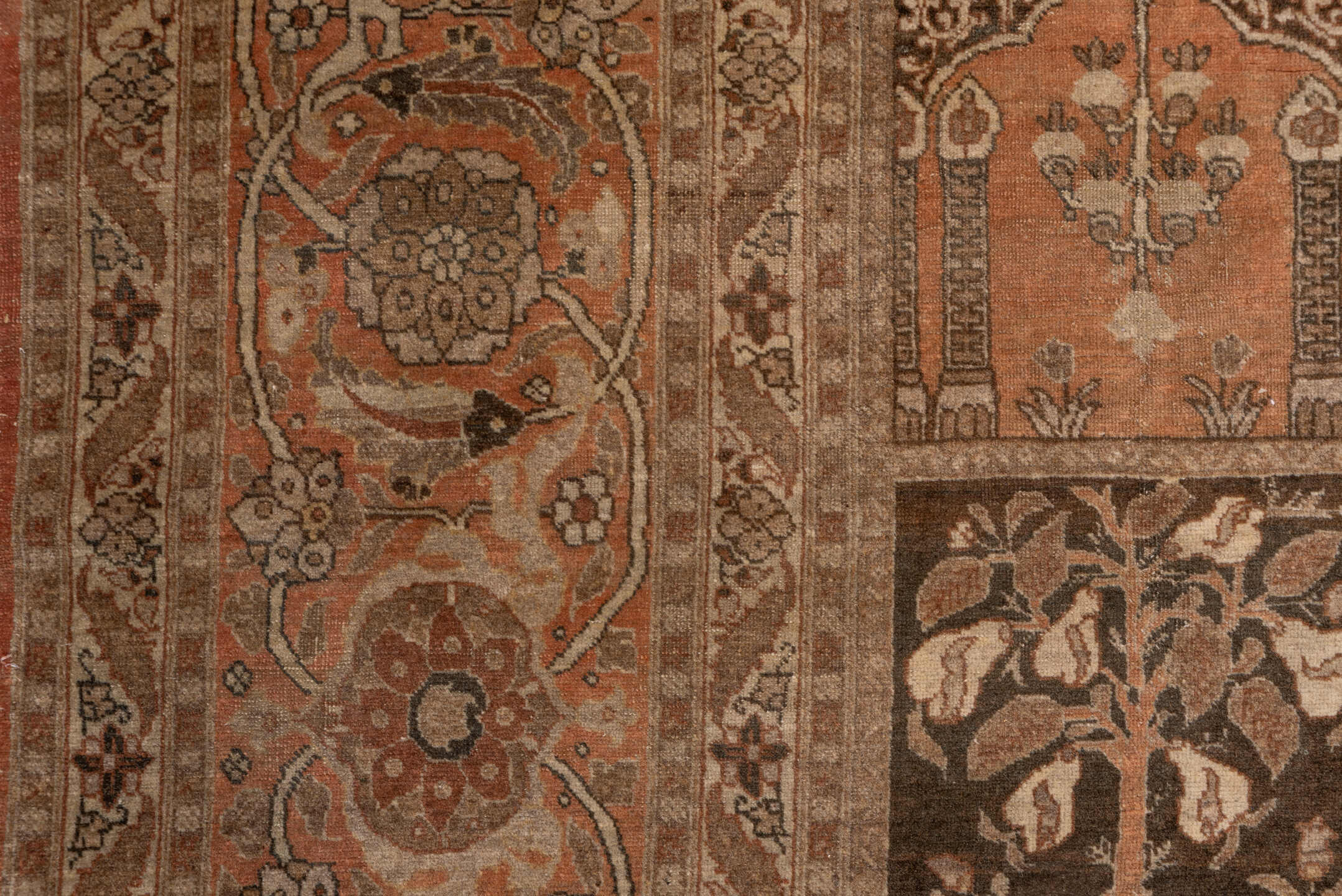 9' x 13' one-of-a-kind handmade antique Tabriz large size rug. Color palette: taupe, rose, ivory, brown, camel, terra cotta