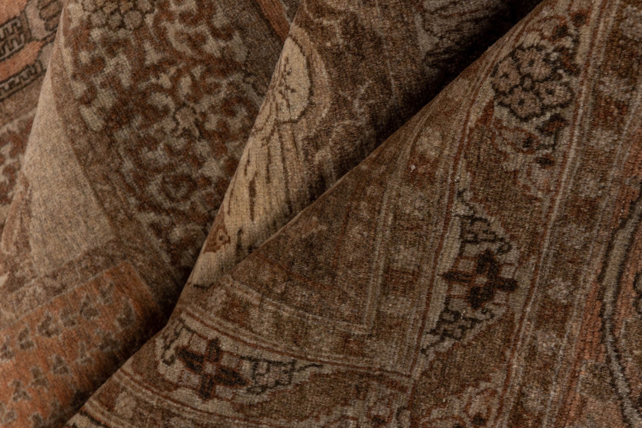9' x 13' one-of-a-kind handmade antique Tabriz large size rug. Color palette: taupe, rose, ivory, brown, camel, terra cotta