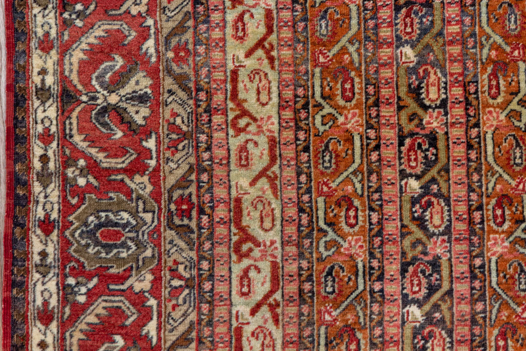 3' x 11' one-of-a-kind handmade vintage Sivas runner rug. Color palette: rust, ivory, terra cotta, slate, camel, rose, navy