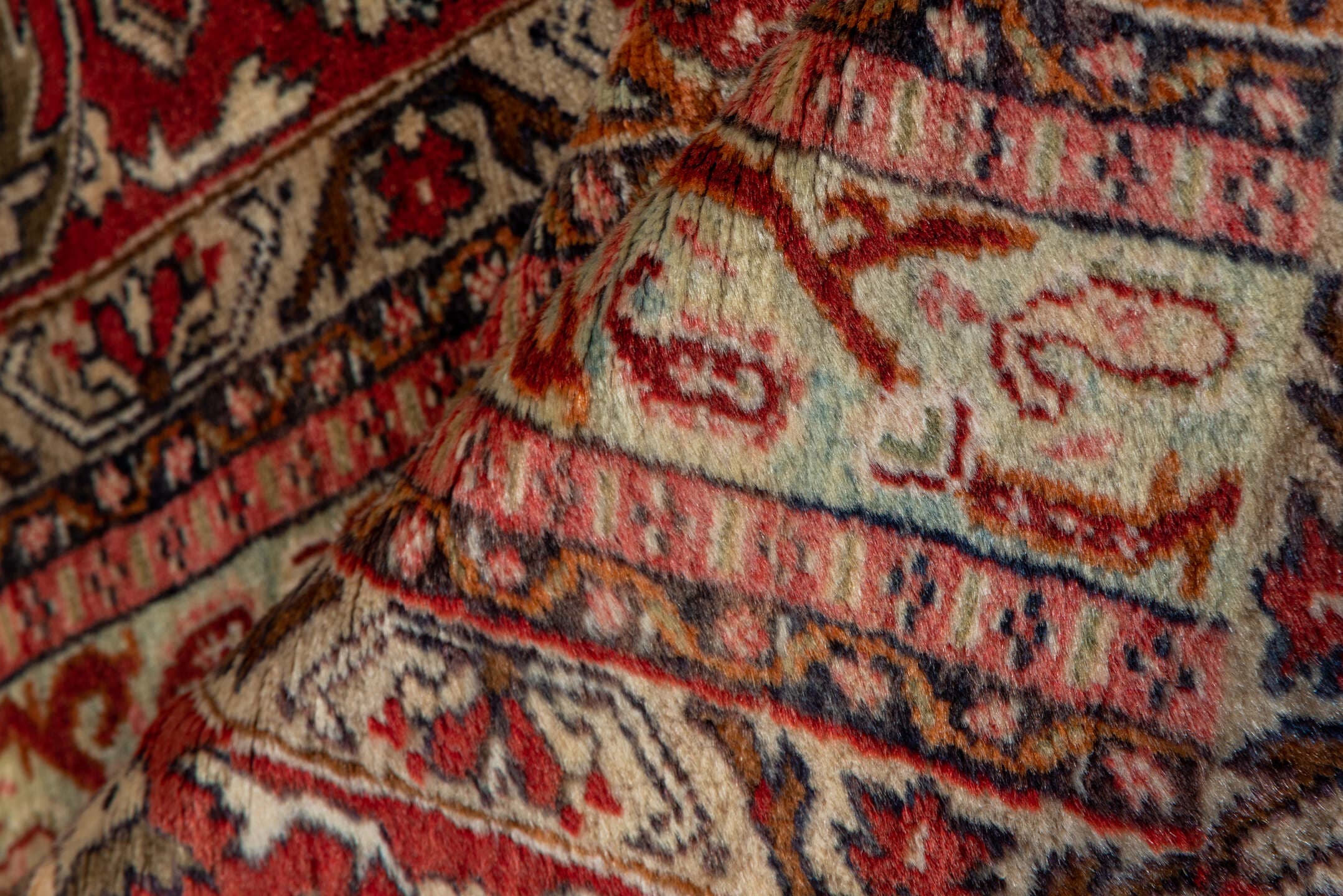 3' x 11' one-of-a-kind handmade vintage Sivas runner rug. Color palette: rust, ivory, terra cotta, slate, camel, rose, navy