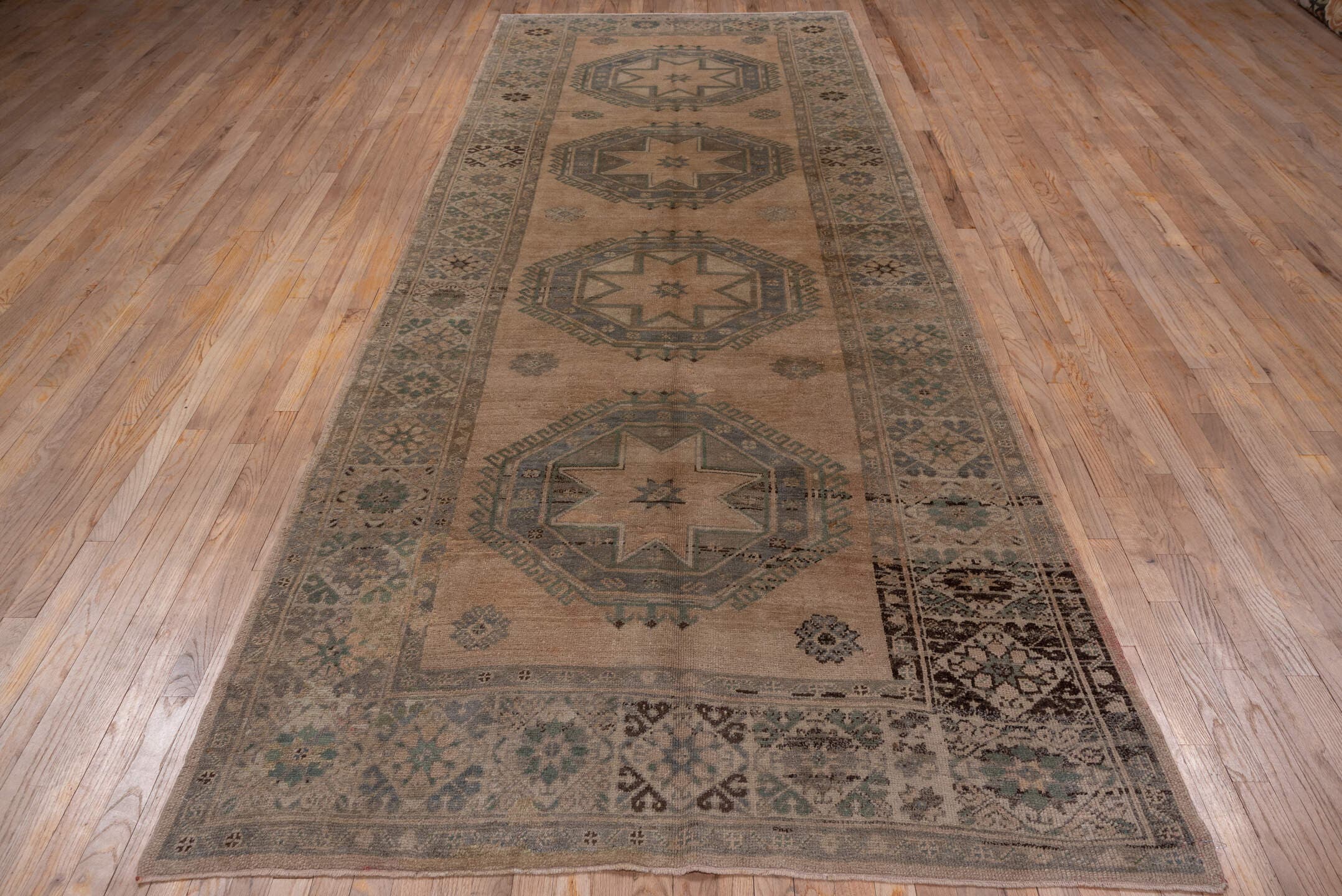 5' x 13' one-of-a-kind handmade vintage Oushak rug. Color palette: taupe, slate, ivory, sage, charcoal, brown, beige, gray