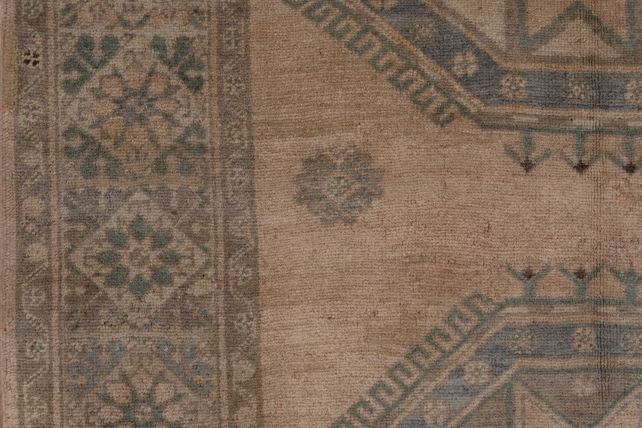 5' x 13' one-of-a-kind handmade vintage Oushak rug. Color palette: taupe, slate, ivory, sage, charcoal, brown, beige, gray