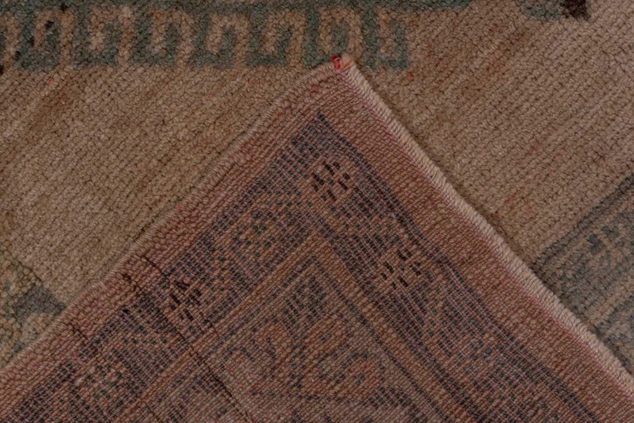 5' x 13' one-of-a-kind handmade vintage Oushak rug. Color palette: taupe, slate, ivory, sage, charcoal, brown, beige, gray