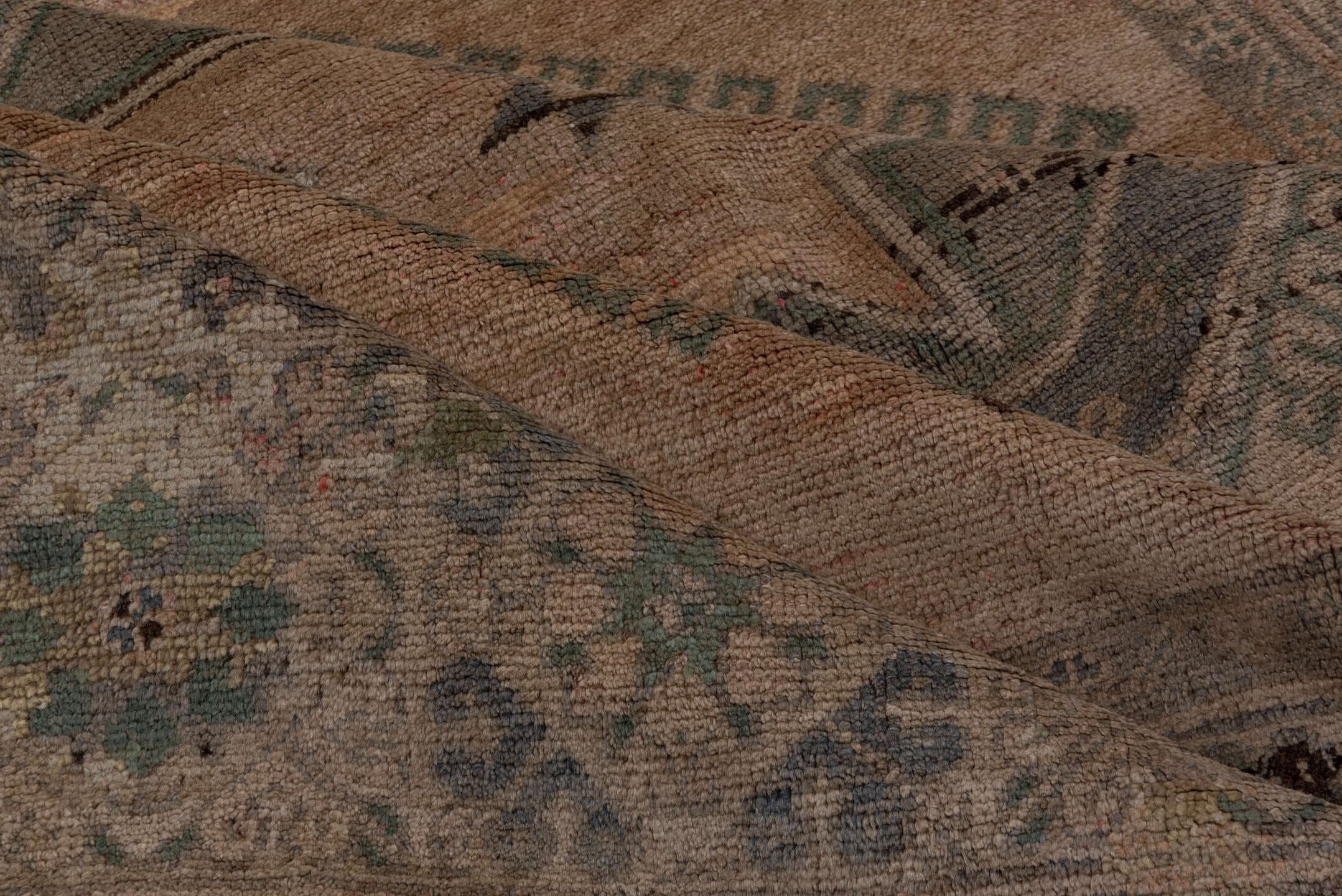 5' x 13' one-of-a-kind handmade vintage Oushak rug. Color palette: taupe, slate, ivory, sage, charcoal, brown, beige, gray