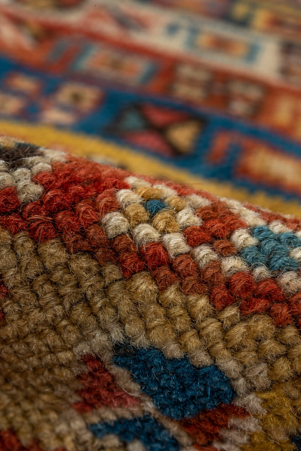 3' x 4' one-of-a-kind handmade antique Kazak small size rug. Color palette: ivory, rust, sky_blue, gold, navy, terra_cotta