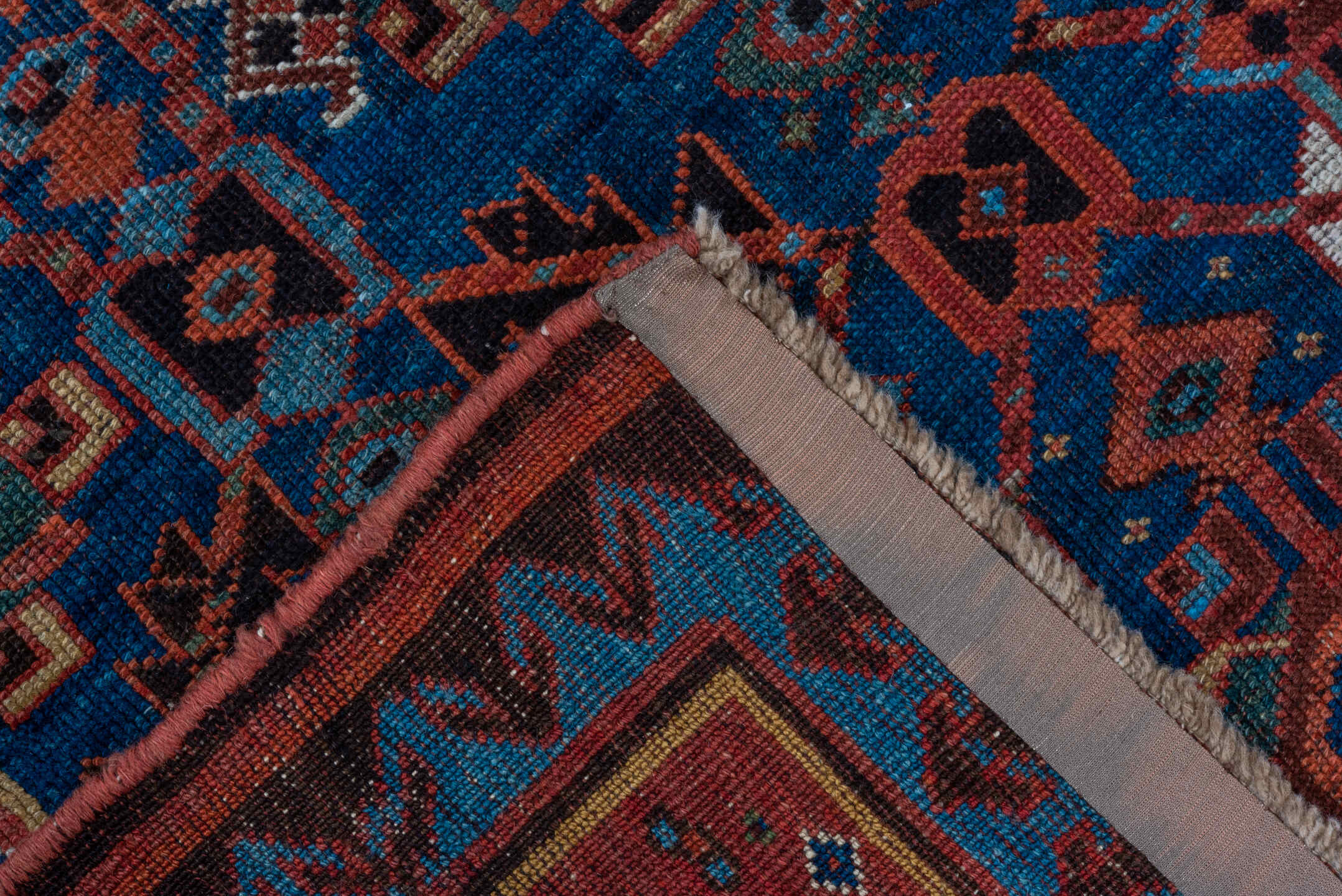 4' x 7' one-of-a-kind handmade vintage NW Persian rug. Color palette: blue, brown, fiord, gray, pink, red, slate gray