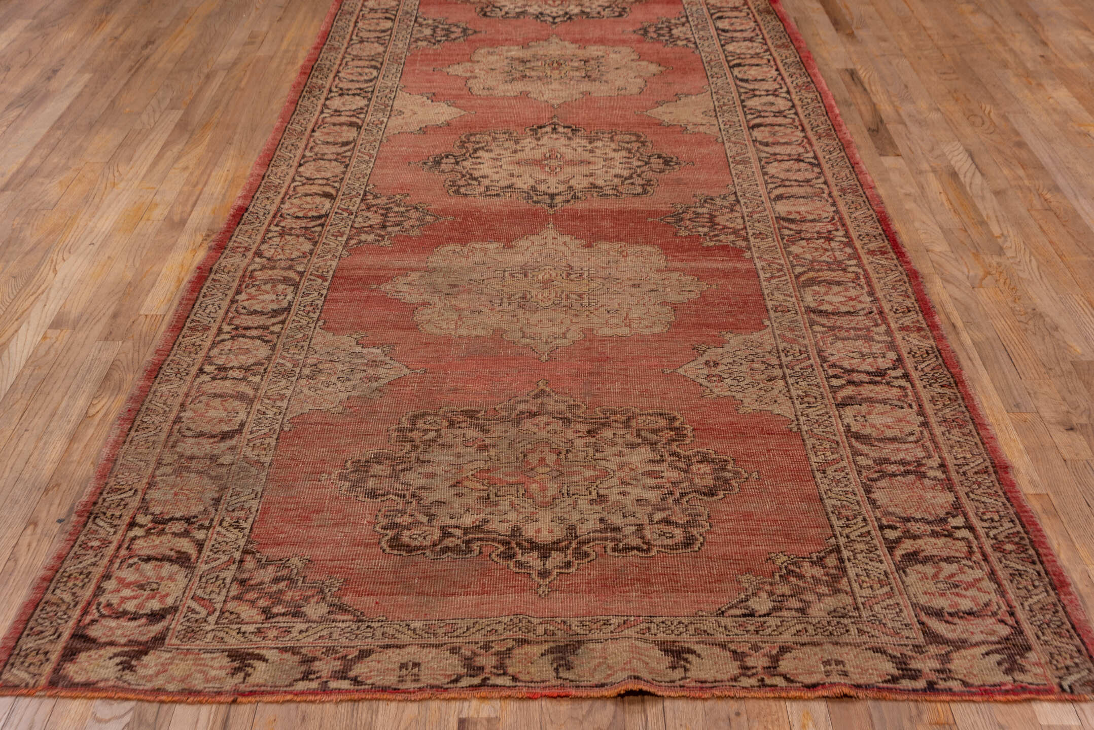 5' x 13' one-of-a-kind handmade vintage Oushak rug. Color palette: rose, blush, ivory, taupe, burgundy, brown, pink, red