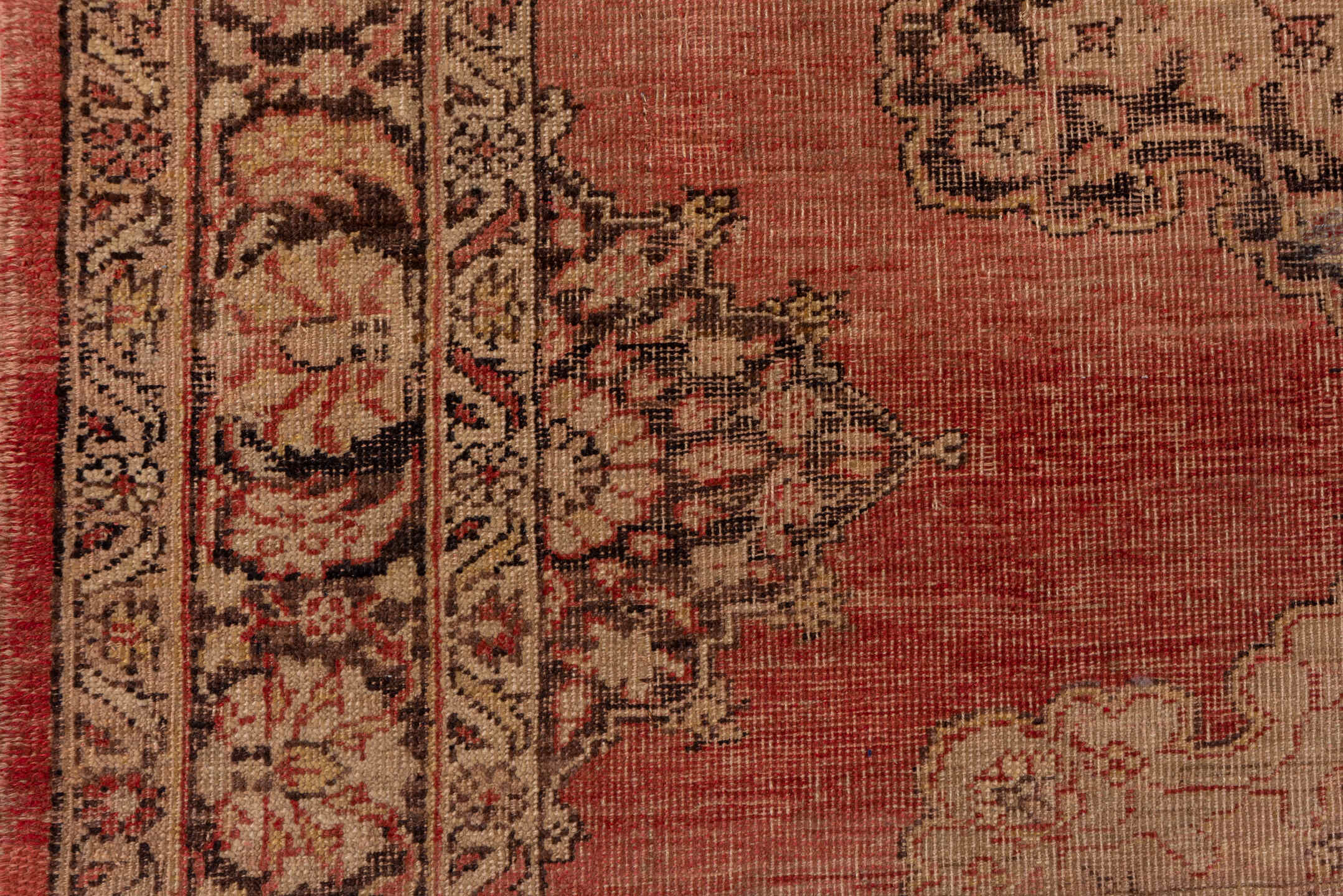 5' x 13' one-of-a-kind handmade vintage Oushak rug. Color palette: rose, blush, ivory, taupe, burgundy, brown, pink, red