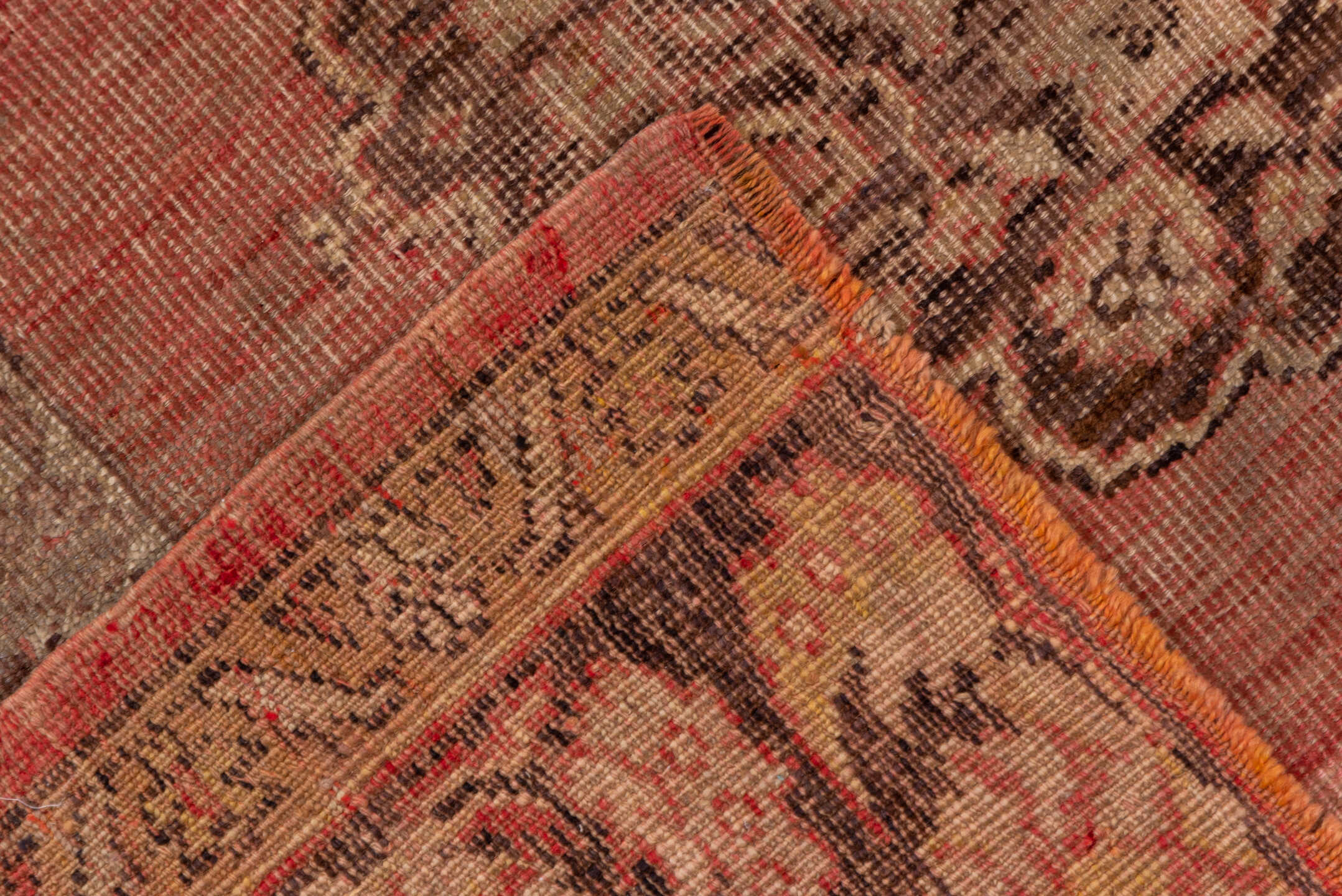 5' x 13' one-of-a-kind handmade vintage Oushak rug. Color palette: rose, blush, ivory, taupe, burgundy, brown, pink, red