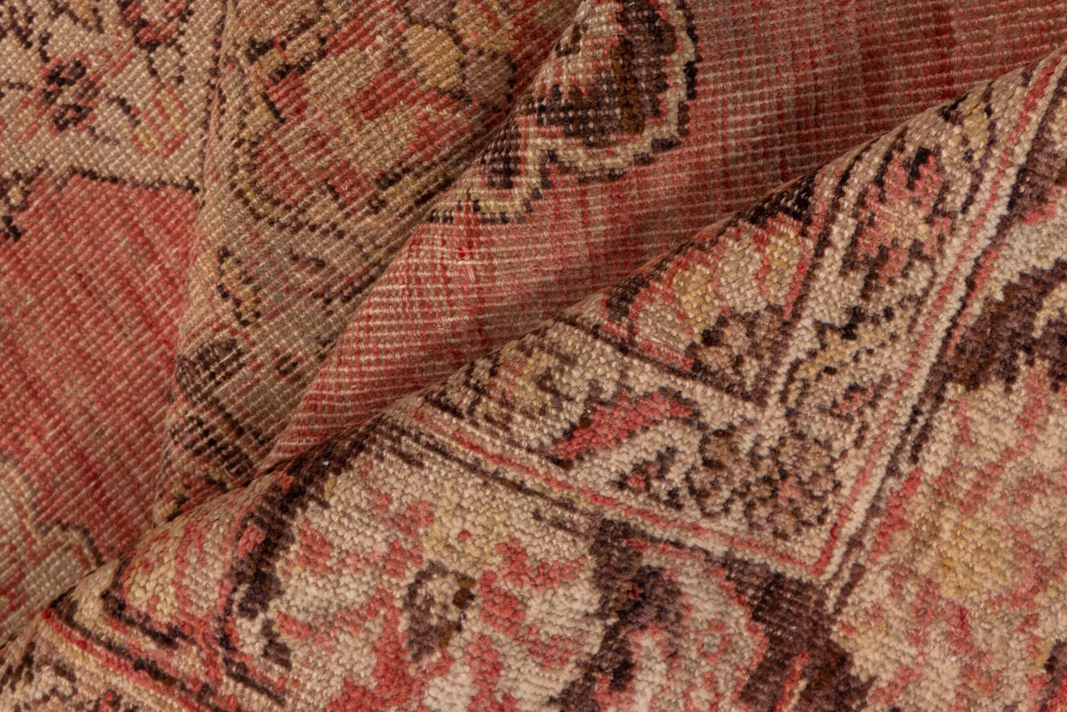 5' x 13' one-of-a-kind handmade vintage Oushak rug. Color palette: rose, blush, ivory, taupe, burgundy, brown, pink, red