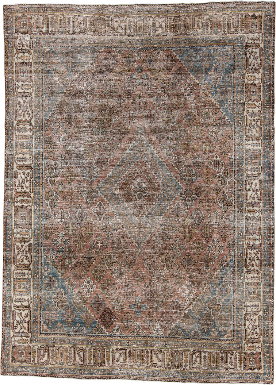 7' x 10' one-of-a-kind handmade vintage Joshegan large size rug. Color palette: rose, dusty blue, ivory, brown, taupe, slate