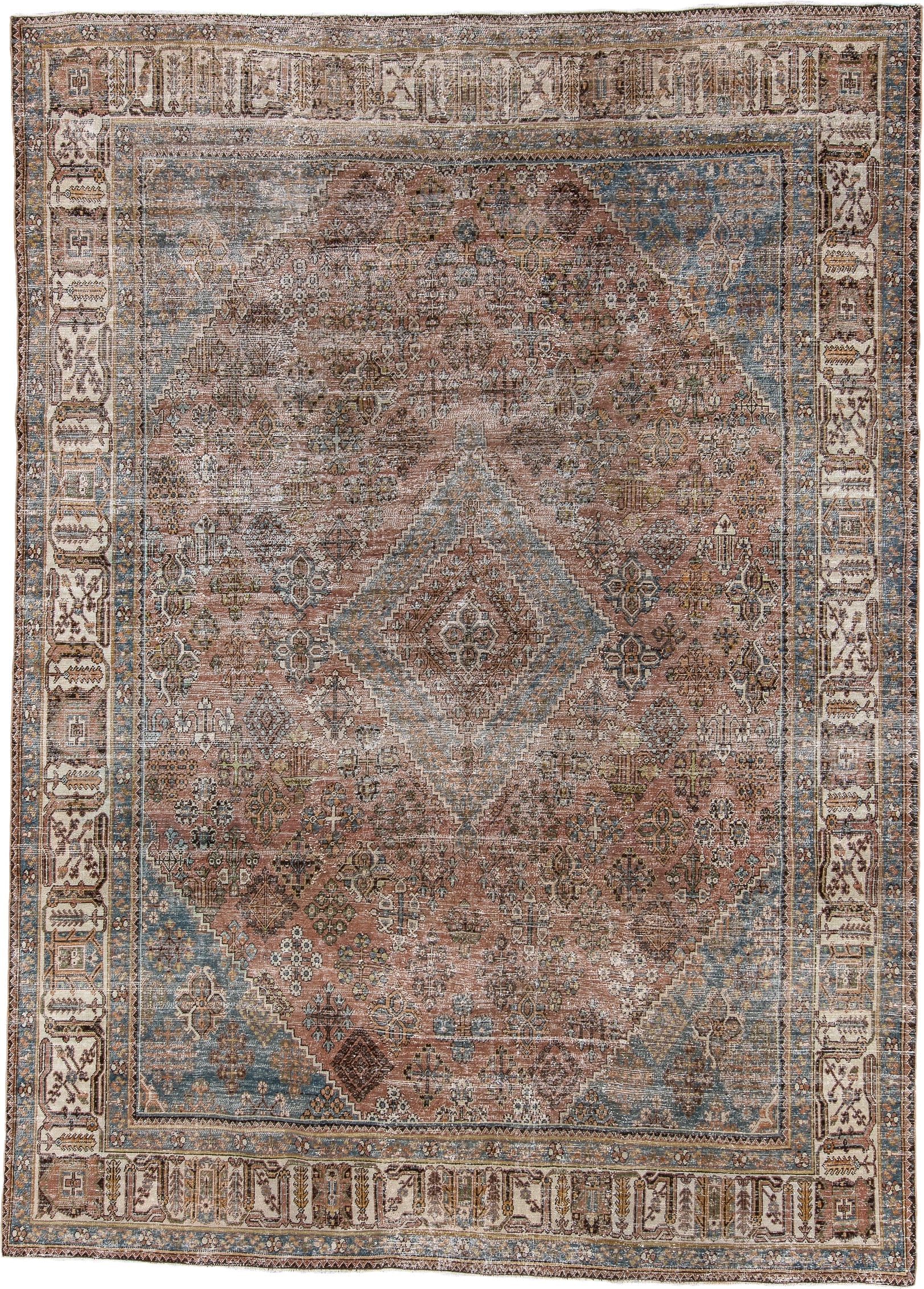 7' x 10' one-of-a-kind handmade vintage Joshegan large size rug. Color palette: rose, dusty blue, ivory, brown, taupe, slate