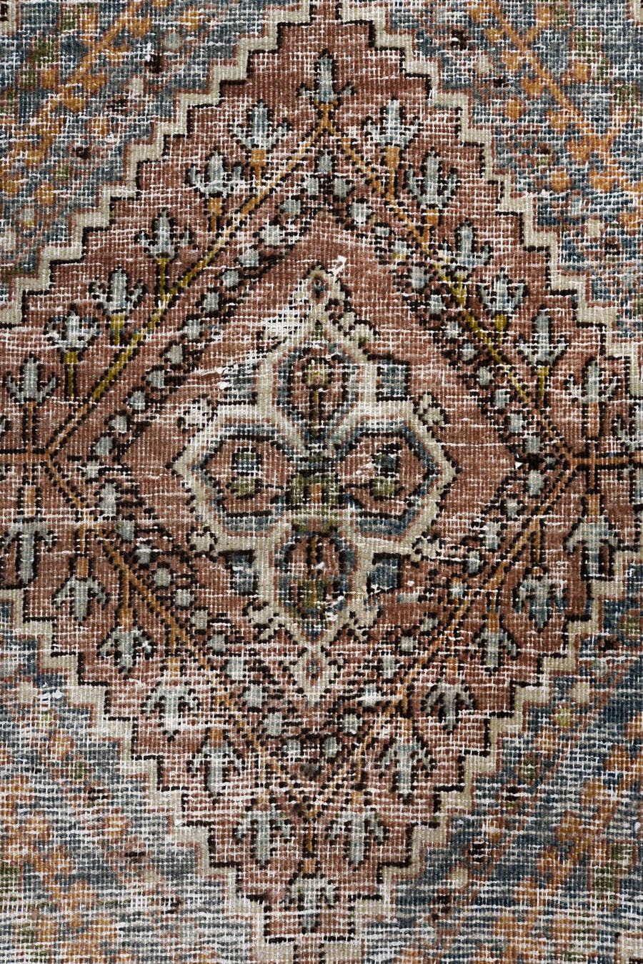 7' x 10' one-of-a-kind handmade vintage Joshegan large size rug. Color palette: rose, dusty blue, ivory, brown, taupe, slate