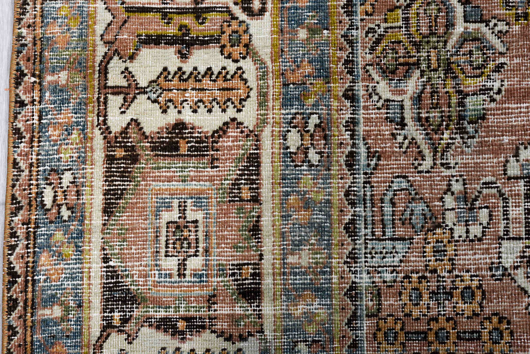 7' x 10' one-of-a-kind handmade vintage Joshegan large size rug. Color palette: rose, dusty blue, ivory, brown, taupe, slate