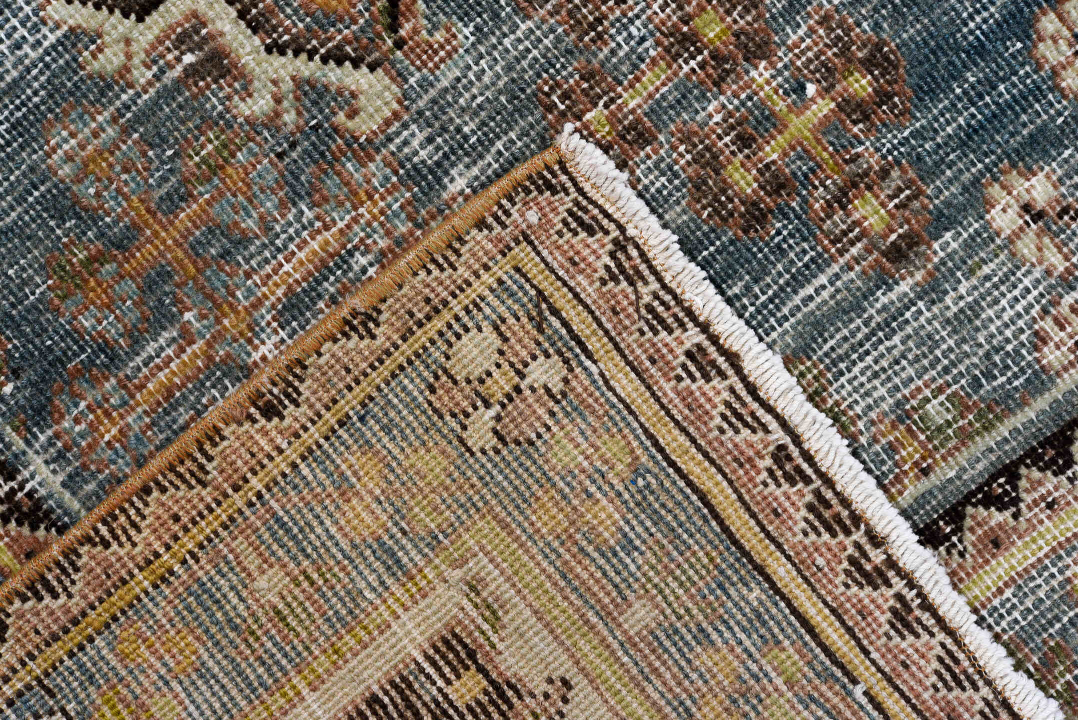 7' x 10' one-of-a-kind handmade vintage Joshegan large size rug. Color palette: rose, dusty blue, ivory, brown, taupe, slate