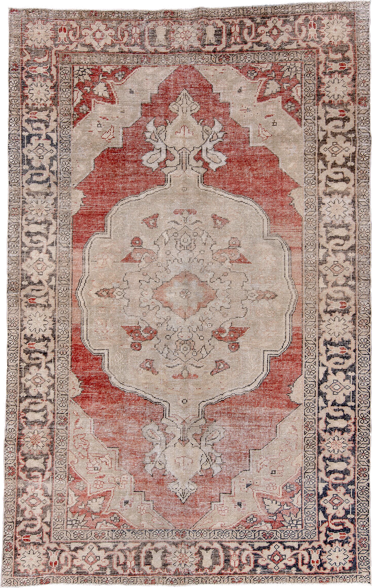 6' x 10' one-of-a-kind handmade vintage Oushak large size rug. Color palette: ivory, coral, charcoal, taupe, rose, slate