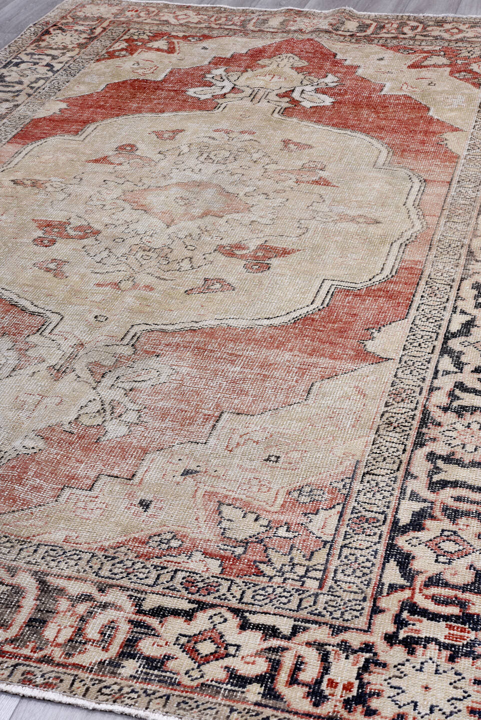 6' x 10' one-of-a-kind handmade vintage Oushak large size rug. Color palette: ivory, coral, charcoal, taupe, rose, slate