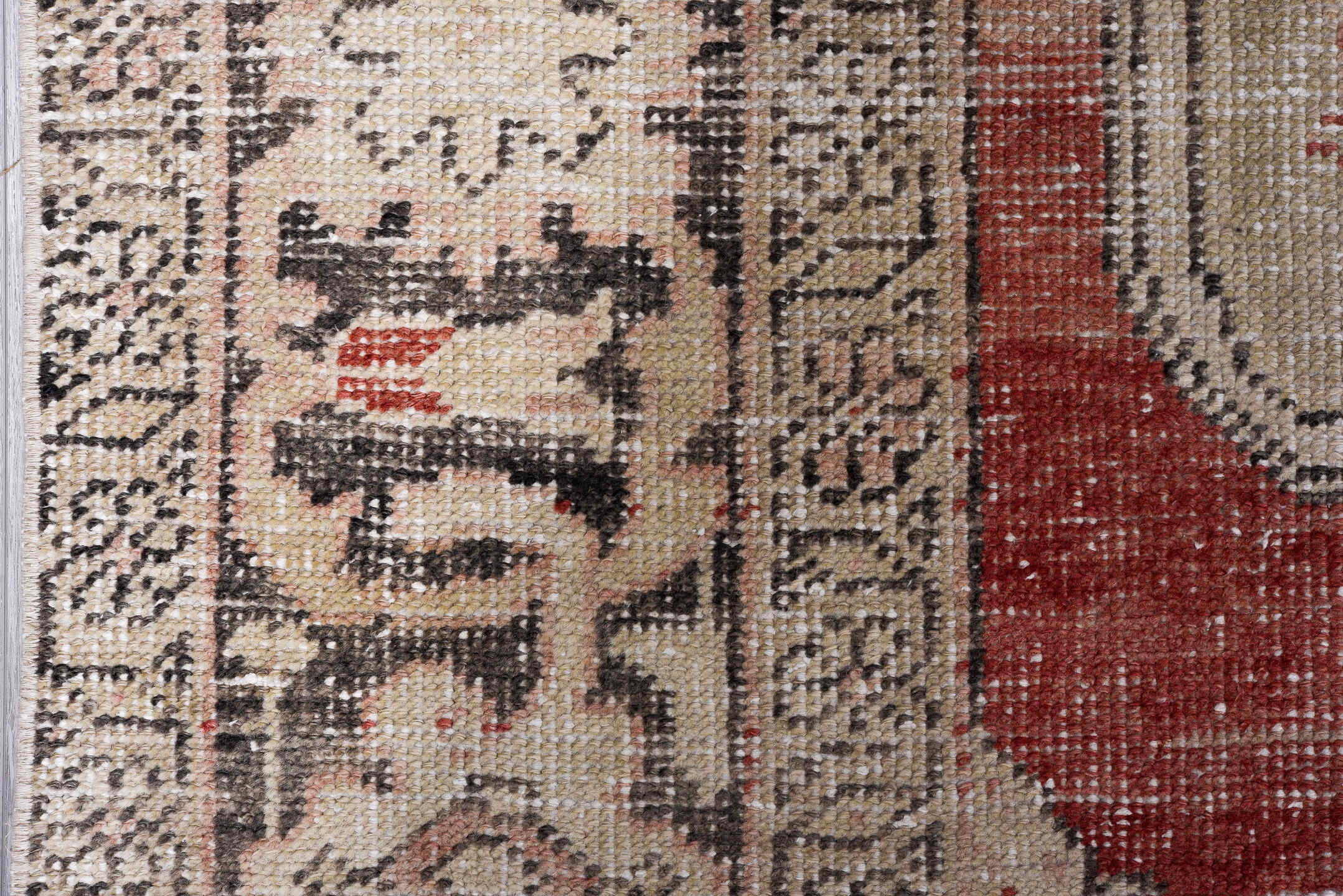 6' x 10' one-of-a-kind handmade vintage Oushak large size rug. Color palette: ivory, coral, charcoal, taupe, rose, slate
