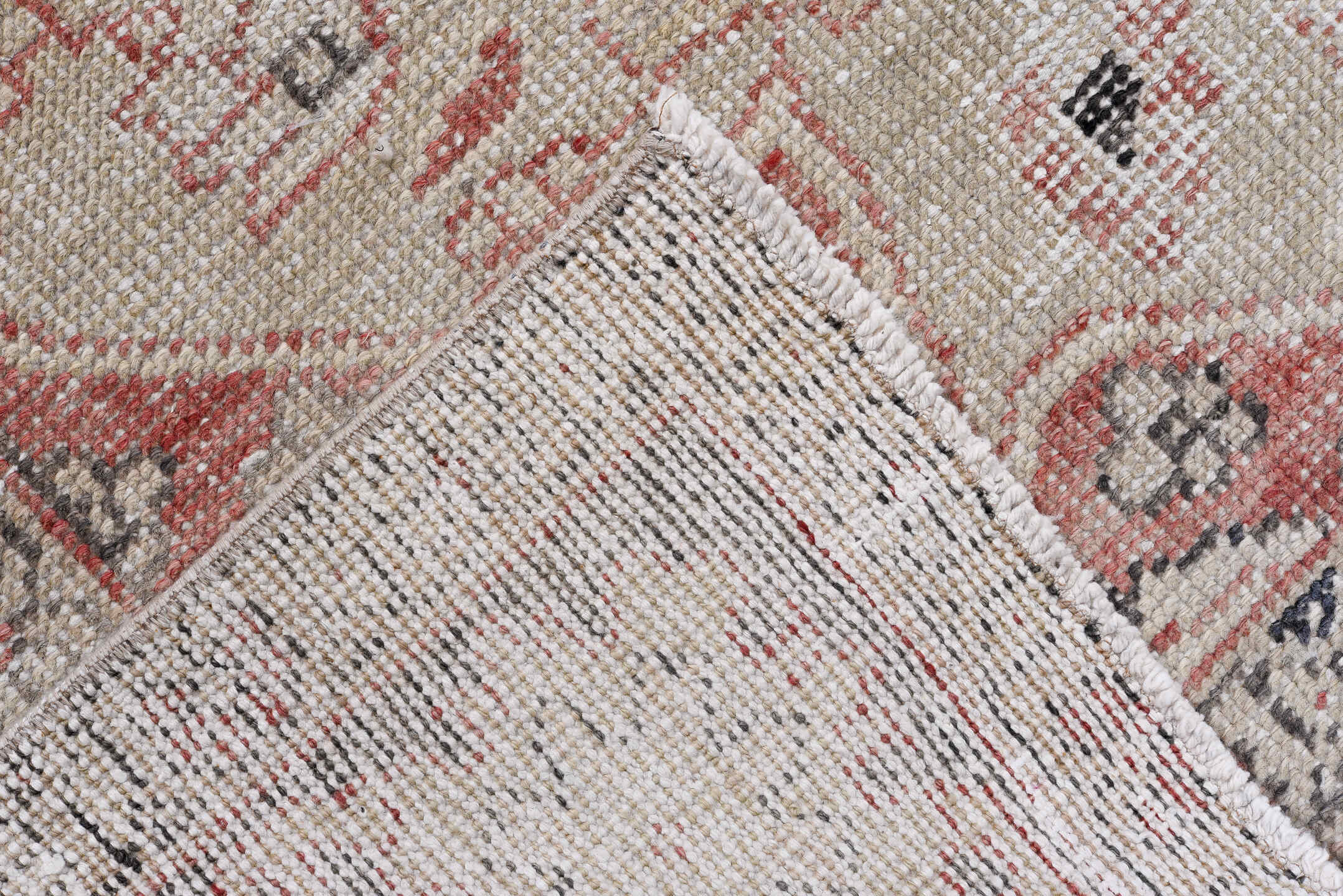6' x 10' one-of-a-kind handmade vintage Oushak large size rug. Color palette: ivory, coral, charcoal, taupe, rose, slate