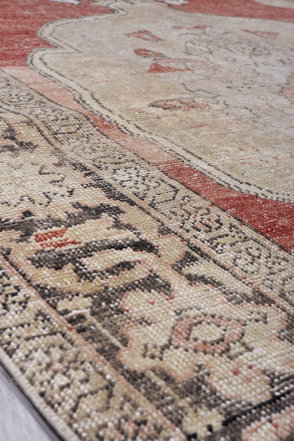 6' x 10' one-of-a-kind handmade vintage Oushak large size rug. Color palette: ivory, coral, charcoal, taupe, rose, slate