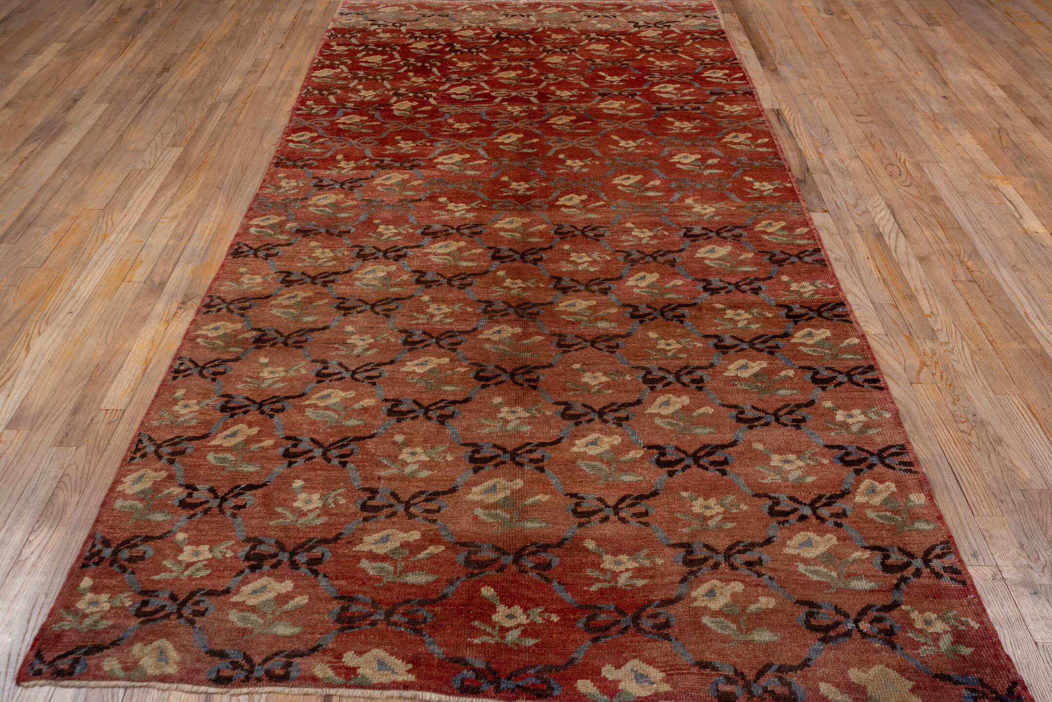 5' x 11' one-of-a-kind handmade vintage Oushak rug. Color palette: terra cotta, rose, ivory, slate, charcoal, sage, rust
