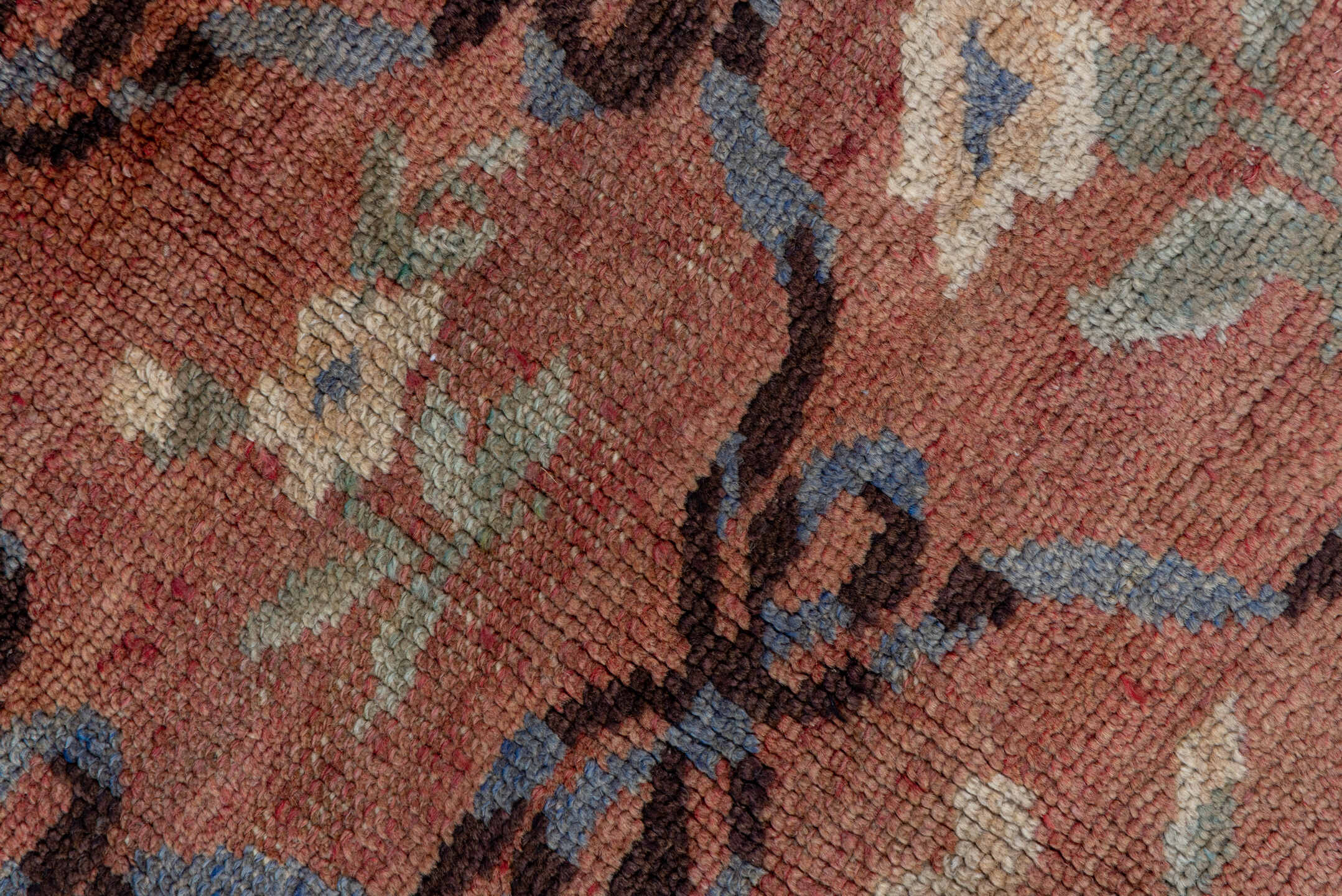 5' x 11' one-of-a-kind handmade vintage Oushak rug. Color palette: terra cotta, rose, ivory, slate, charcoal, sage, rust