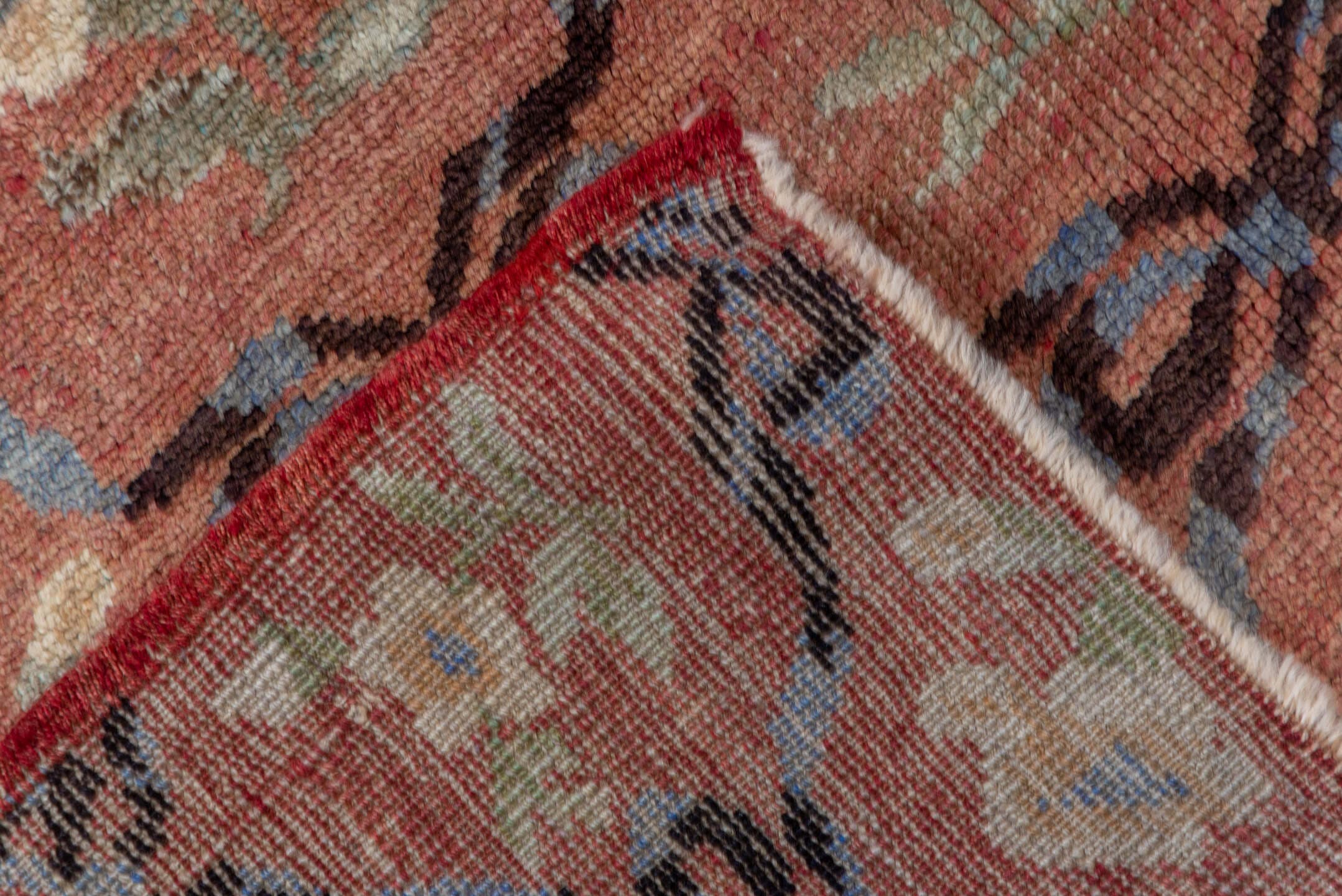 5' x 11' one-of-a-kind handmade vintage Oushak rug. Color palette: terra cotta, rose, ivory, slate, charcoal, sage, rust